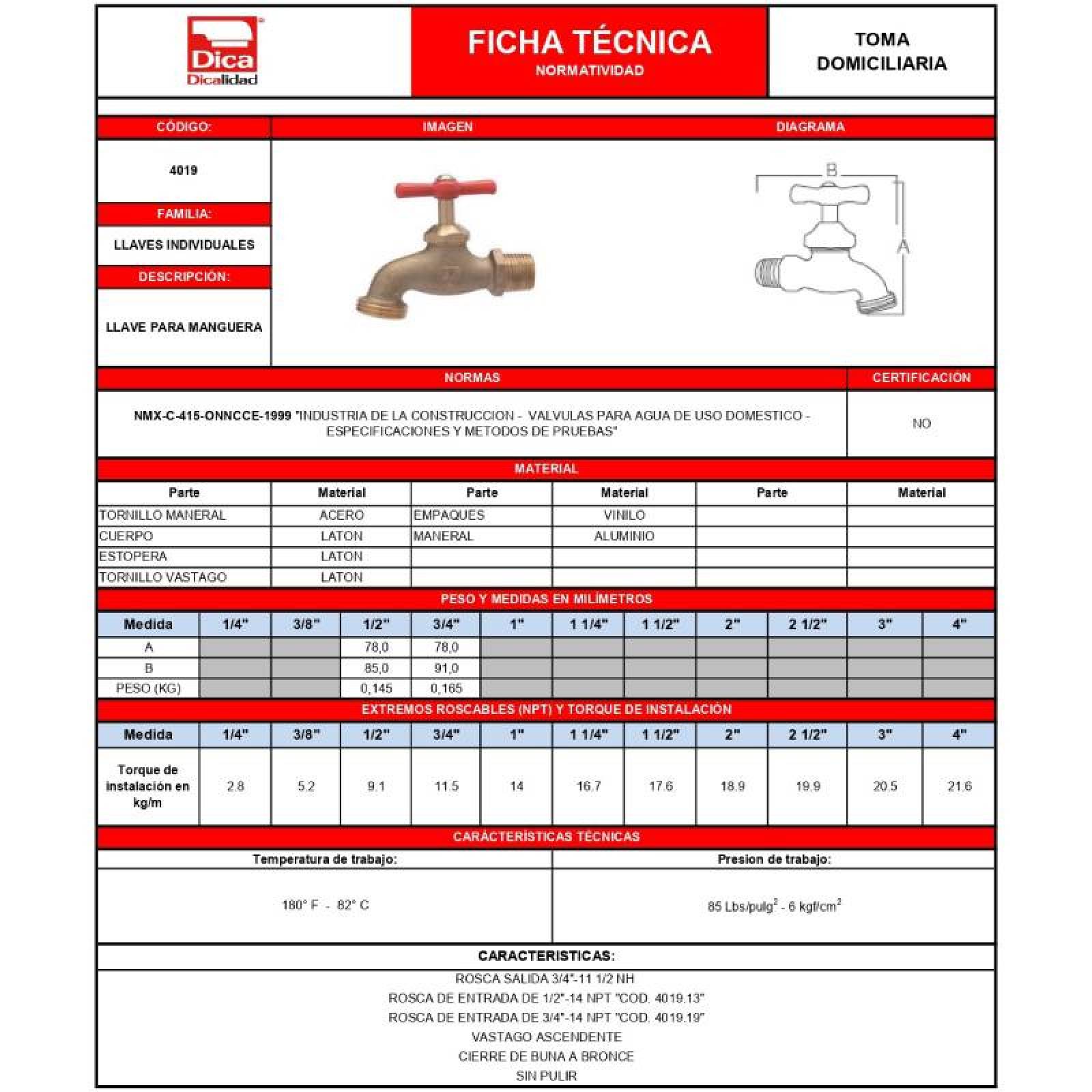 Llave Para Manguera De 3/4 In Cuerpo Bronce 4019.19 Dica 