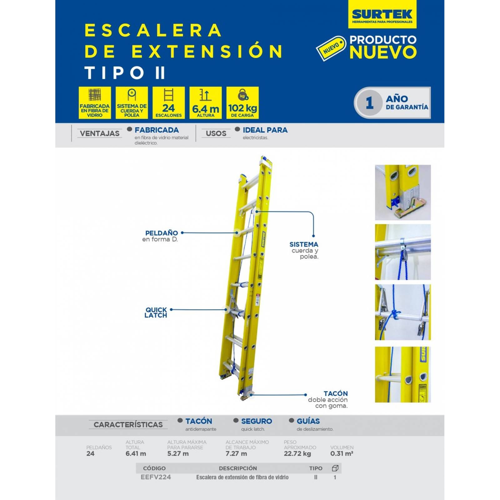 Escalera Extensión De Fibra De Vidrio De 24 Escalones Surtek 