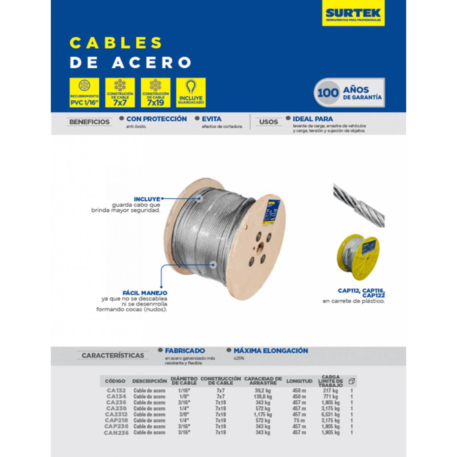 Cable Acero 7X7 1/8"X450M CA134 Surtek 