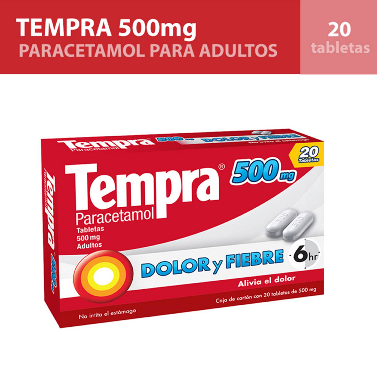 Tempra 500mg  Paracetamol Adultos 20 Tabletas