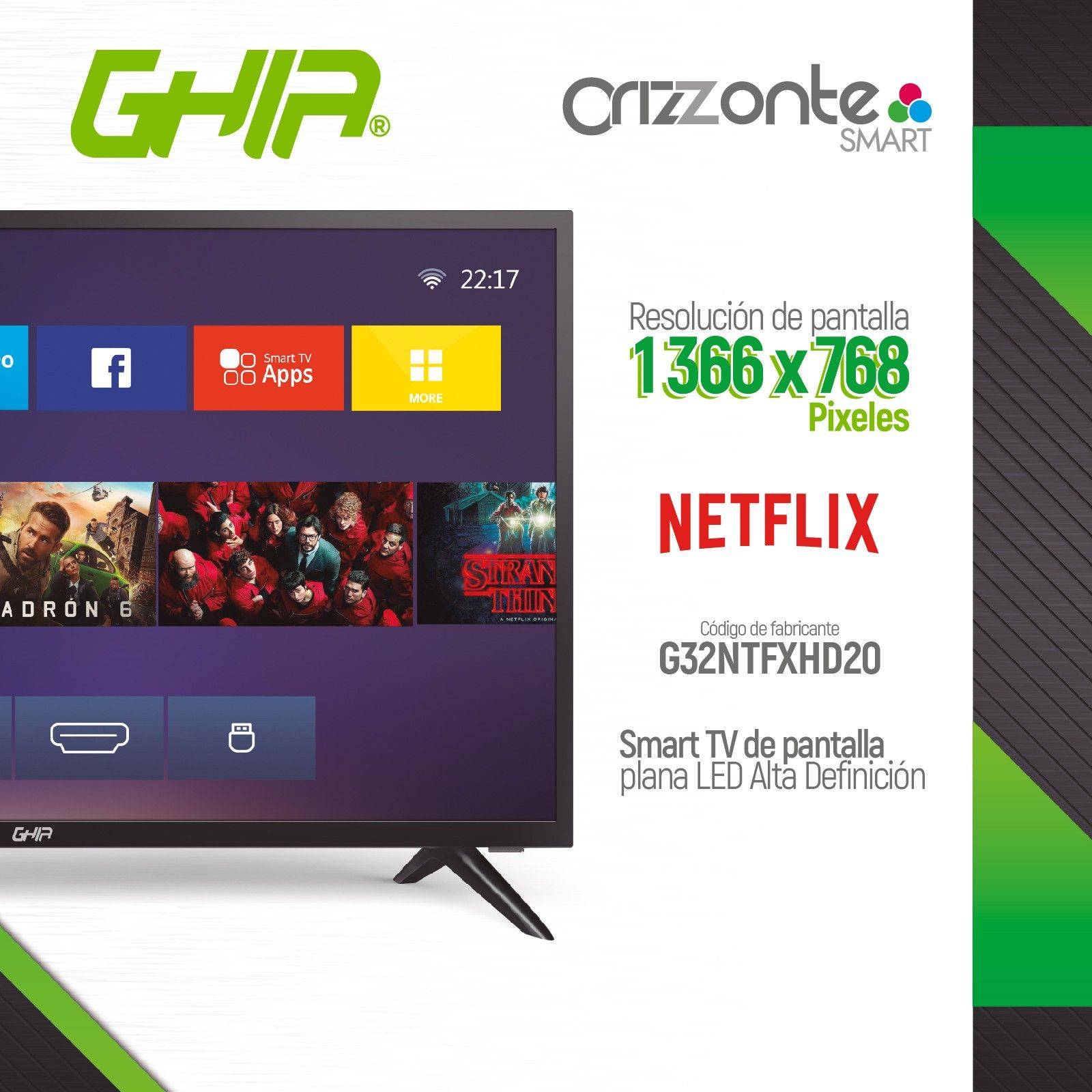 Smart TV Ghia 32 Pulgadas LED HD Negro HDMI G32NTFXHD20
