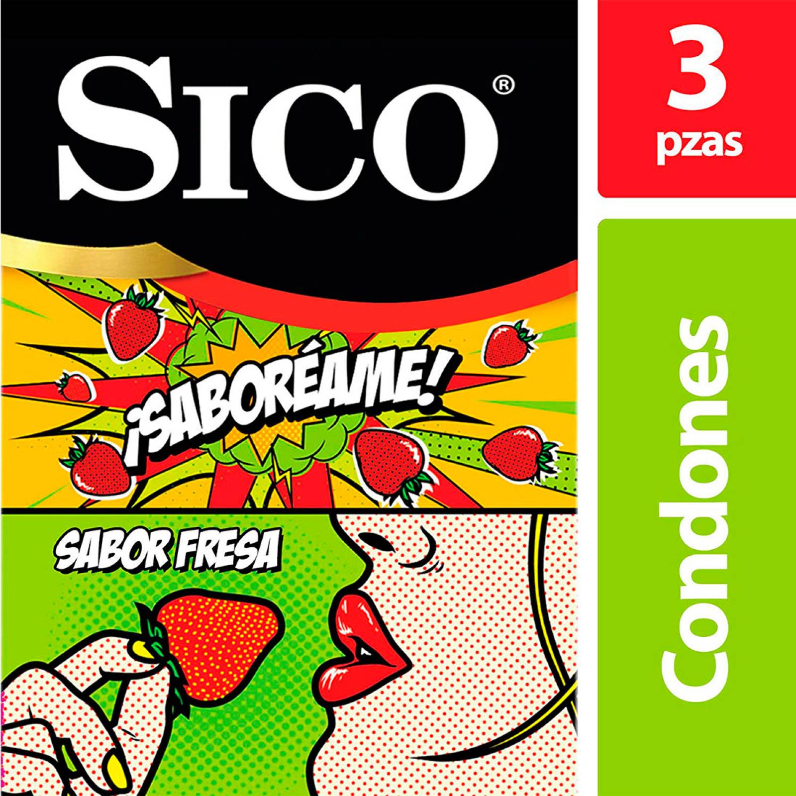 Condones de Látex Sabor Fresa Sico Play  Saboréame   Cartera con 3 Piezas