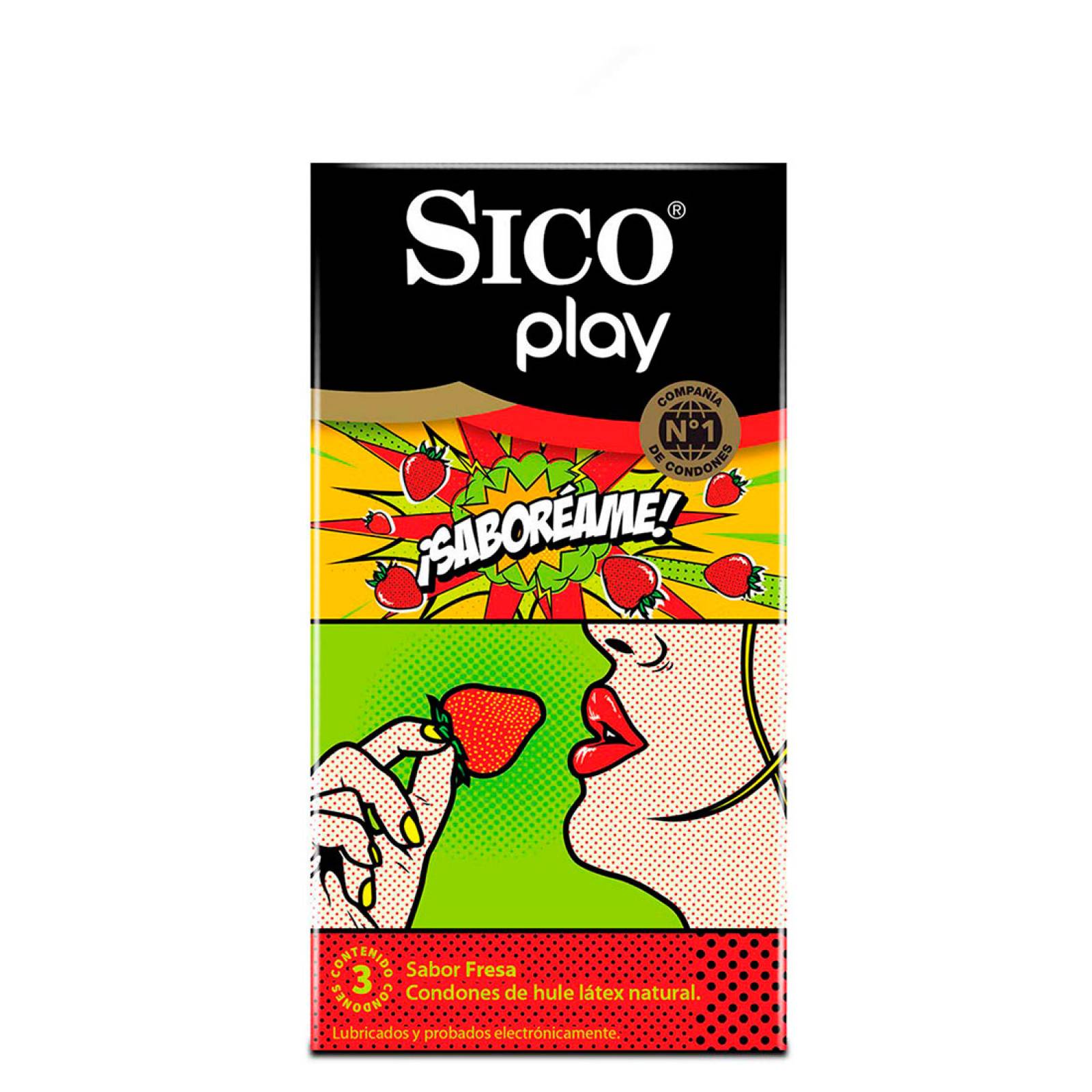 Condones de Látex Sabor Fresa Sico Play  Saboréame   Cartera con 3 Piezas