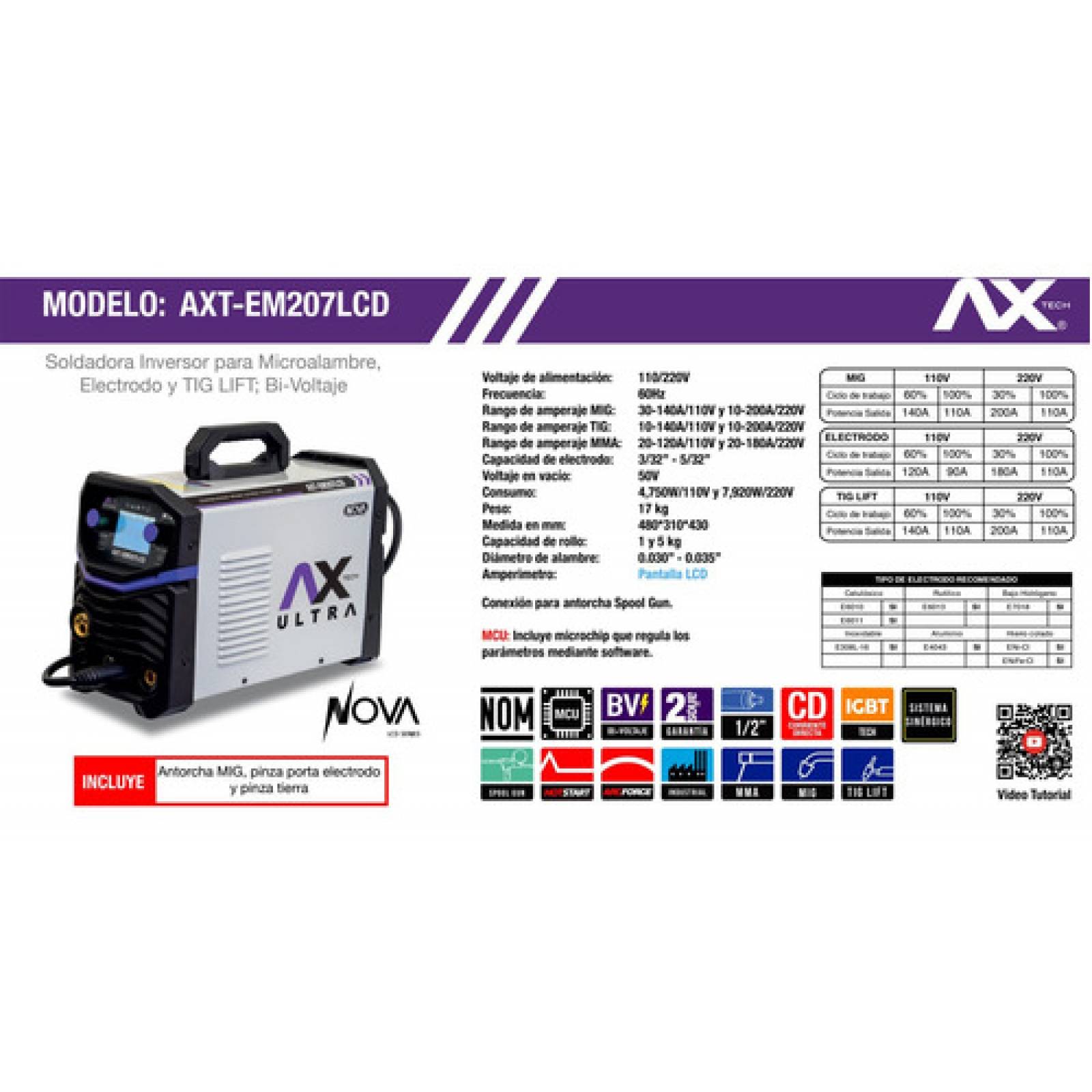 Soldadora Inversor Mig mag 1 5kg Axt em207lcd Axtech Ultra