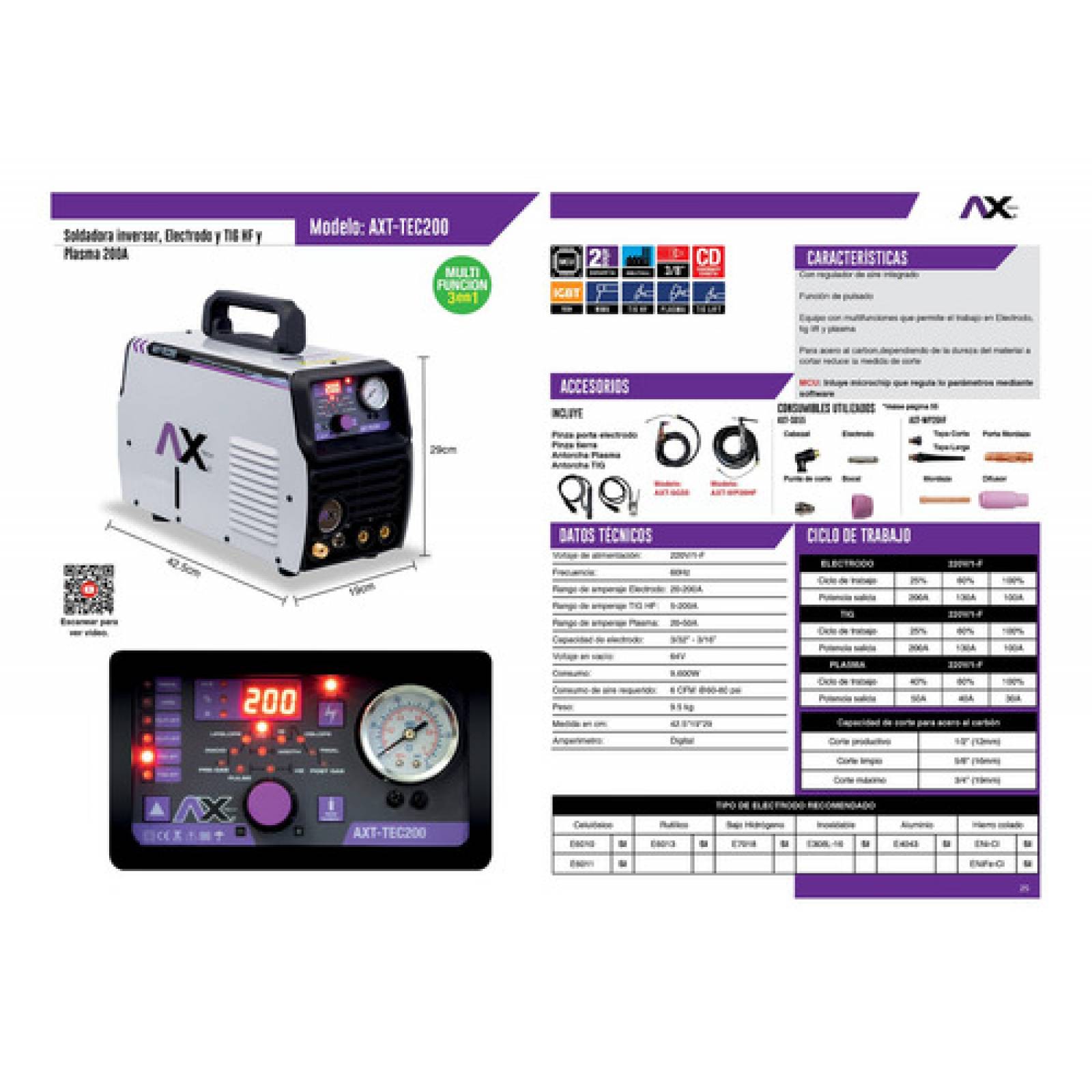 Soldadora Inversor Multifuncion 3 En 1 200a 220v Axt tec200