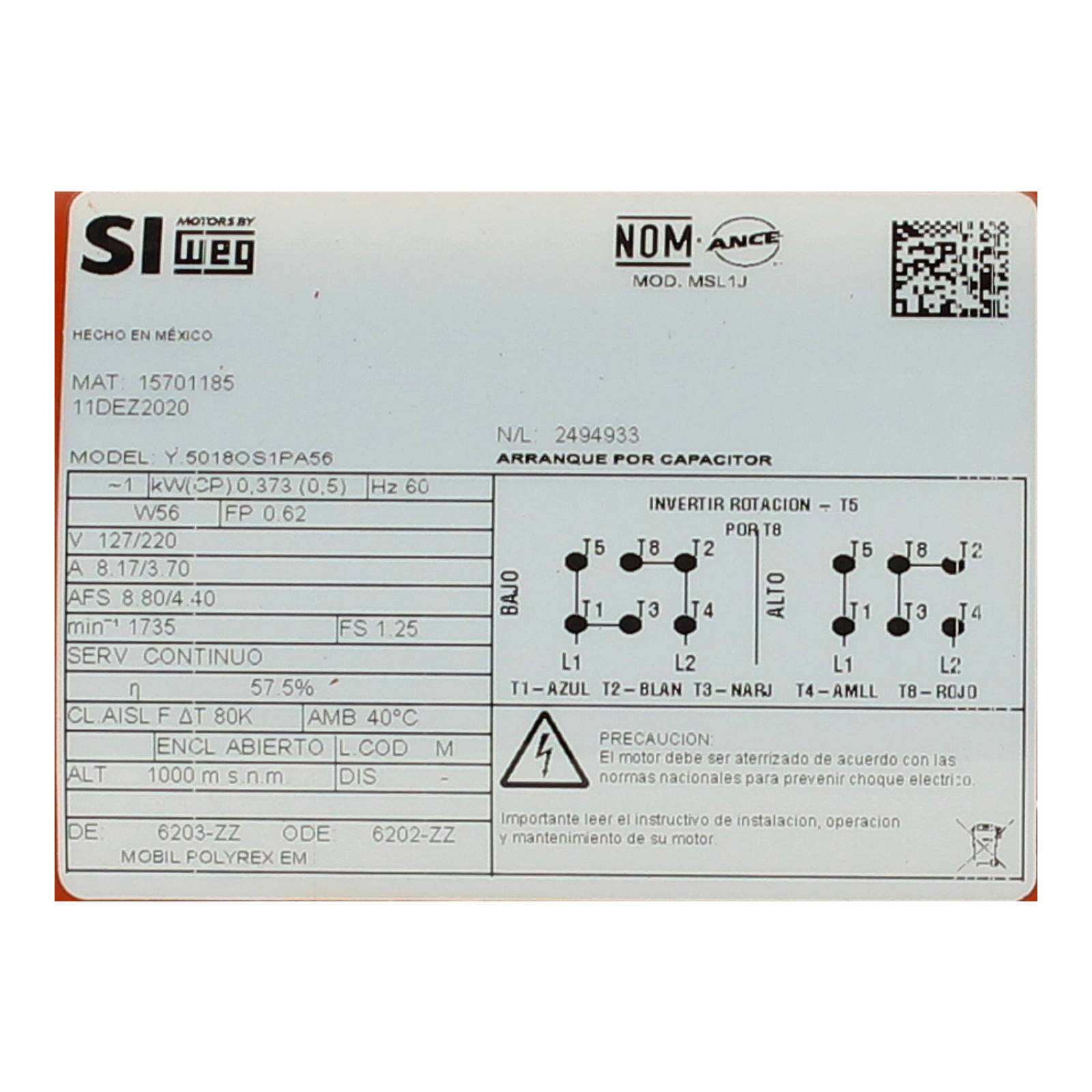Motor Monofasico 1 2 Hp 4P En Baja Simotors Weg