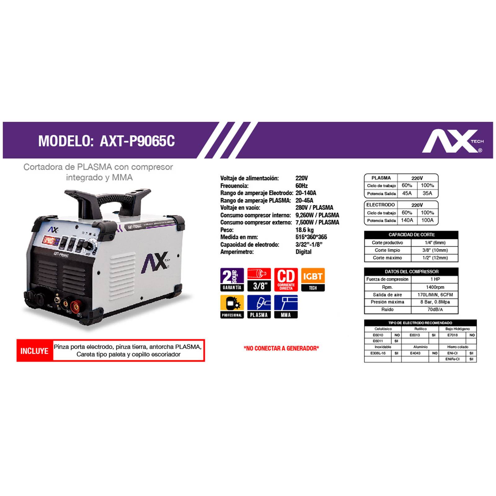 Cortadora Plasma 220V 60Hz Mod AXT P9065C AXTECH