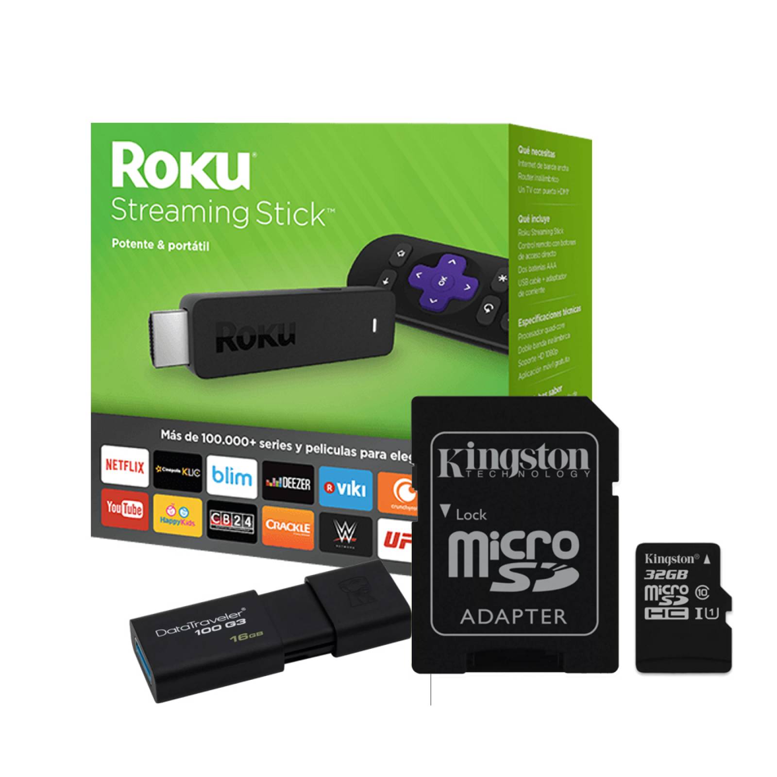 Kit Roku Stick & Memoria Micro Sd 32gb + Usb Kingston 16gb