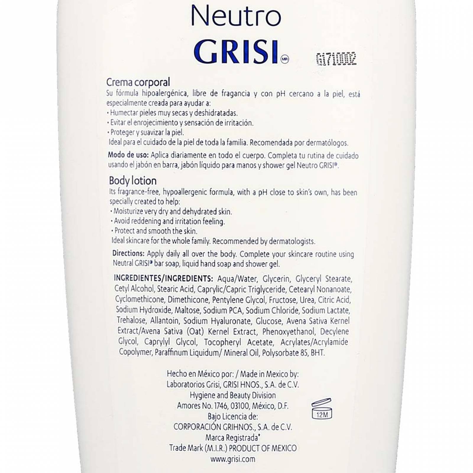Crema Líquida Corporal Grisi Neutro 400 ML