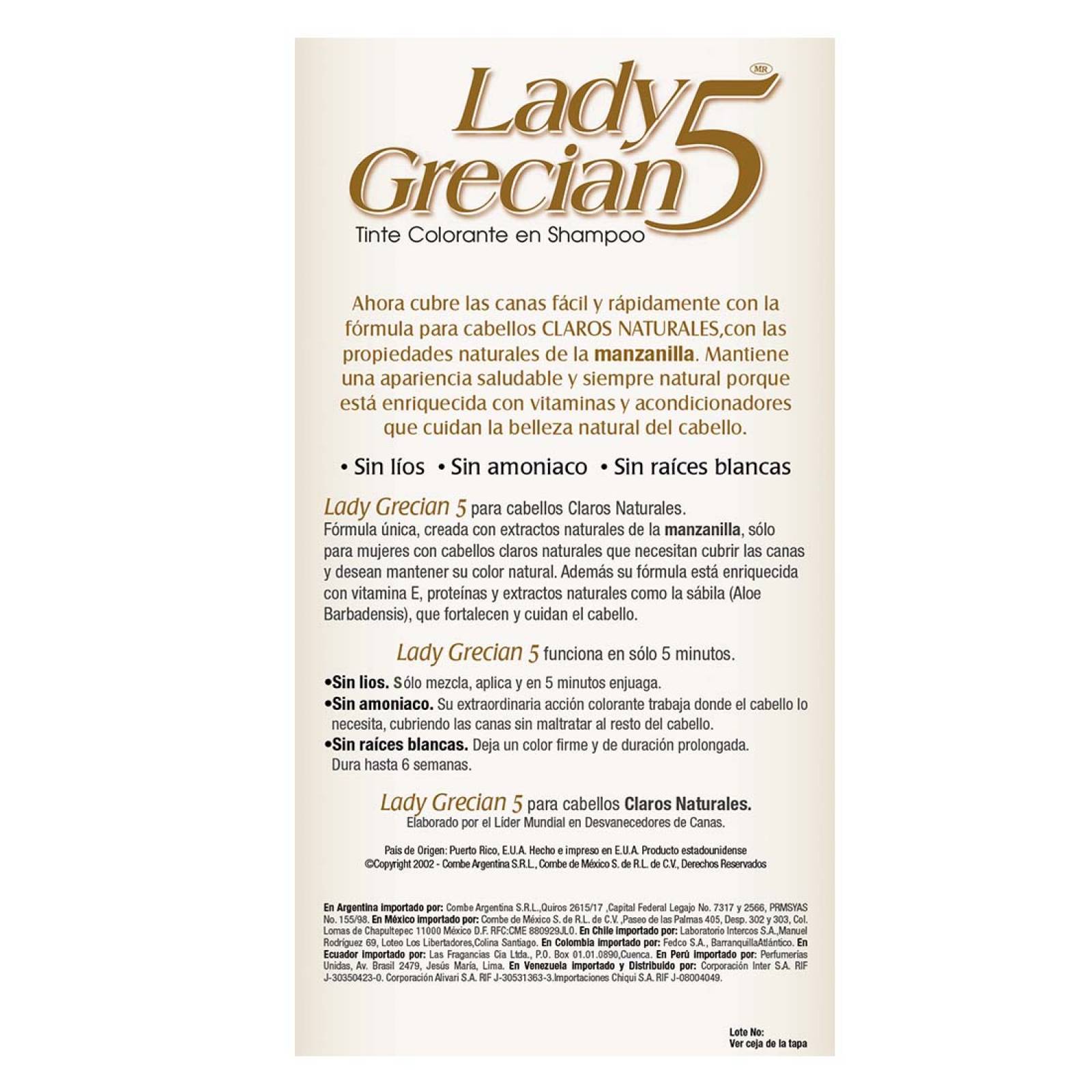 Lady Grecian 5 Tinte Cubrir Canas Just for Men Cabello Claro Natural