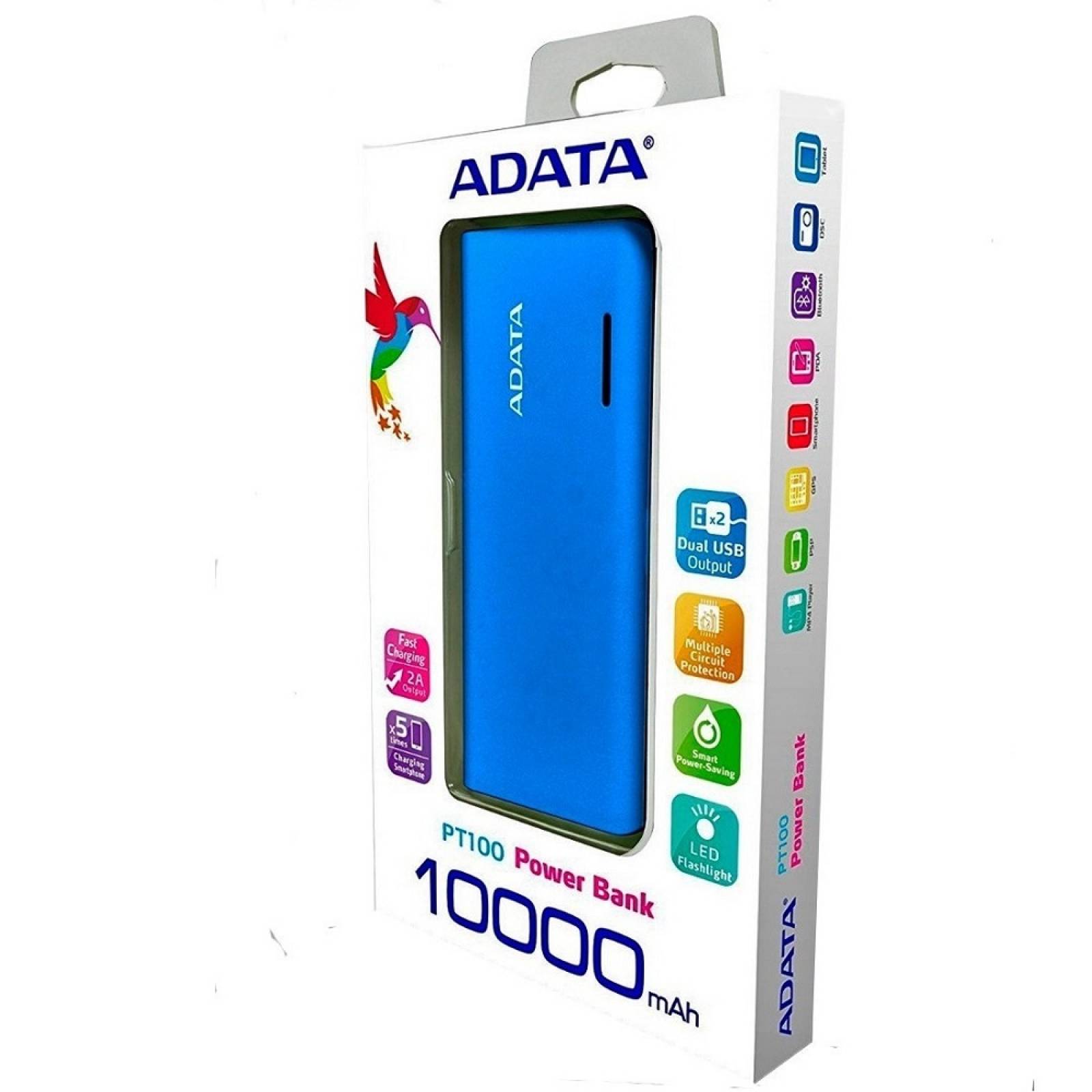 Power Bank ADATA PT100 azul 10000 mAh 2 entradas USB
