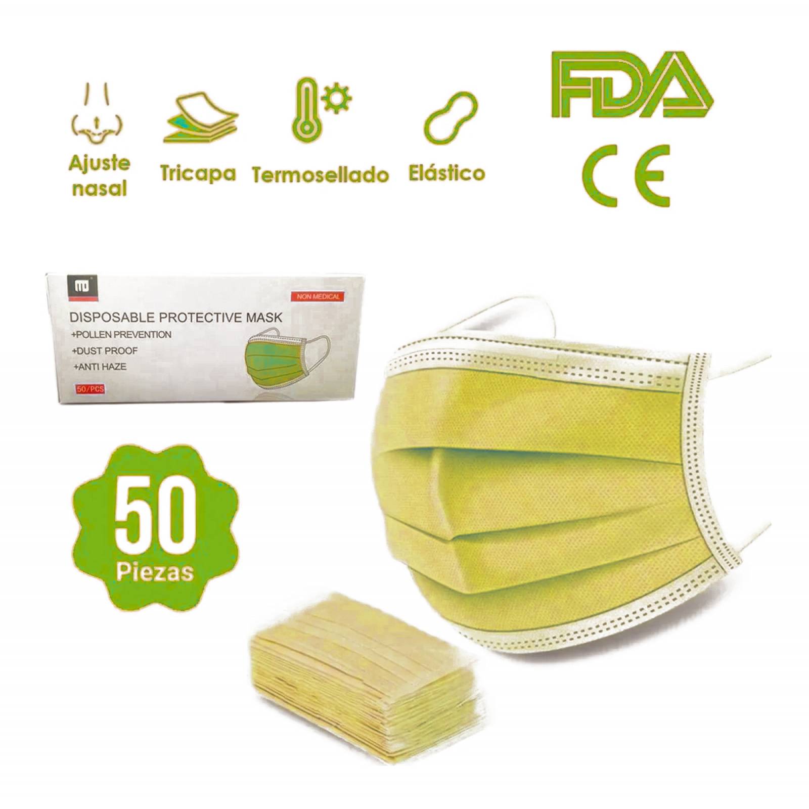 Paquete cubrebocas tricapa 50 piezas plisado amarillos