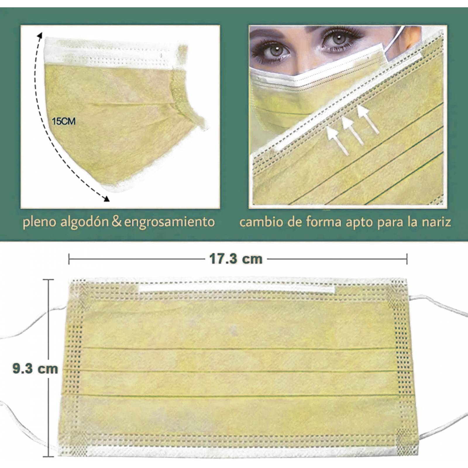 Paquete cubrebocas tricapa 50 piezas plisado amarillos