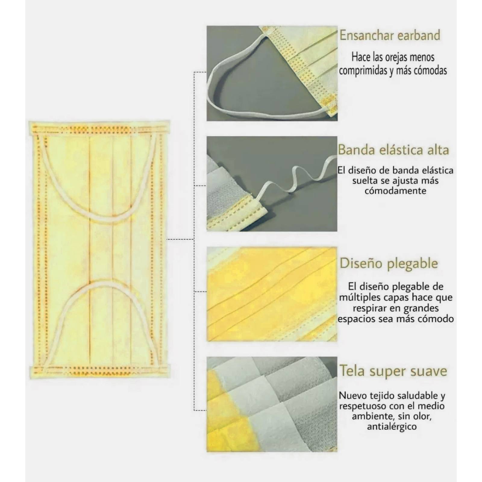 Paquete cubrebocas tricapa 50 piezas plisado amarillos