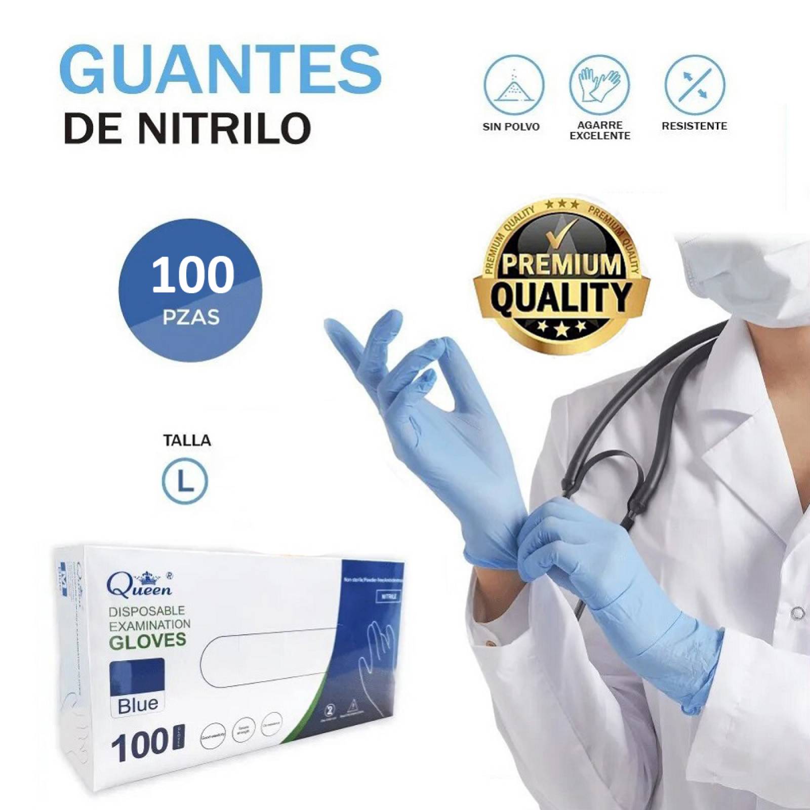 100 pzs guantes de nitrilo libre de latex y polvo talla L