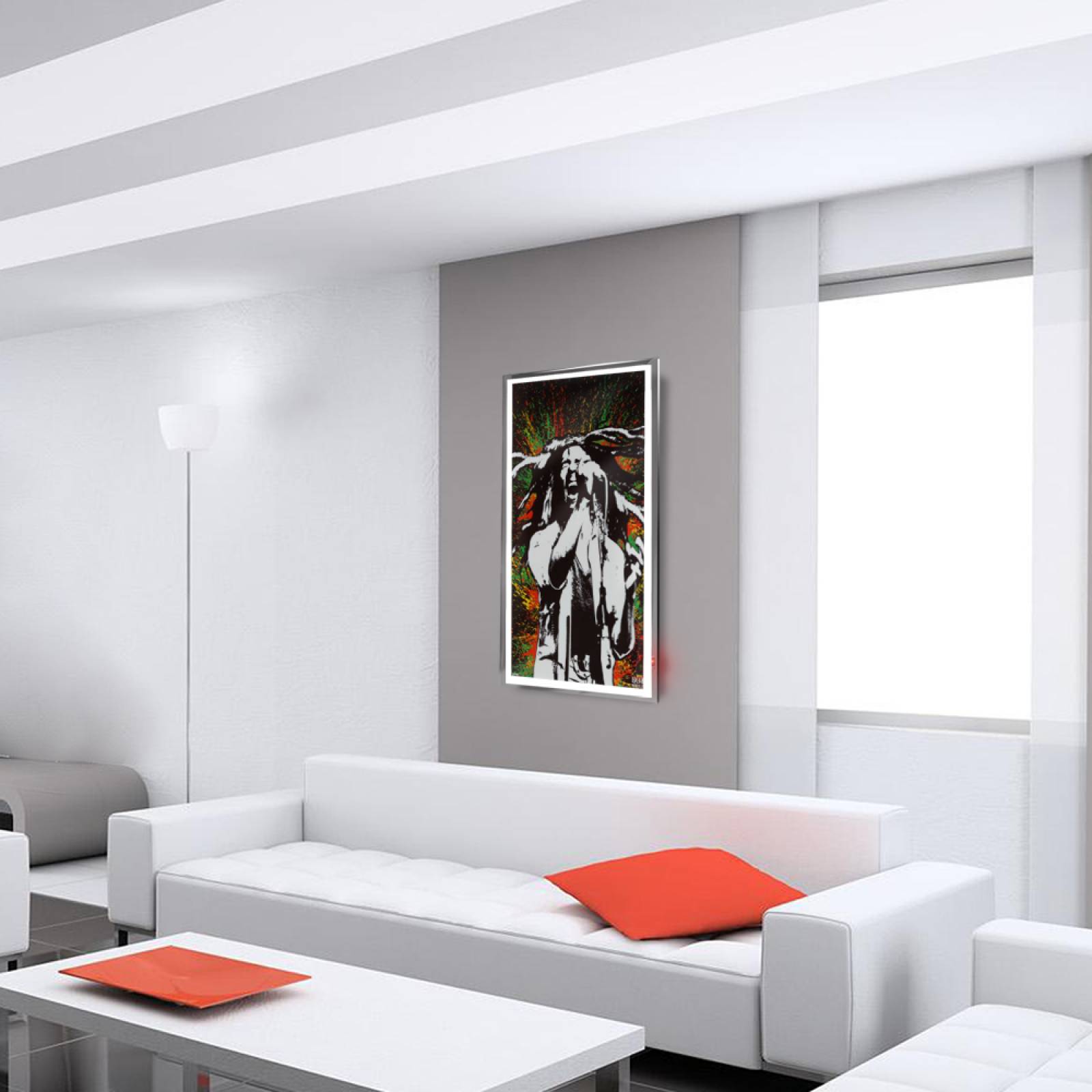 Calefactor de Panel infrarrojo en Cristal para Pared, California Wave Bob Marley de 380W 60x90cm, Mod: 076CaSol