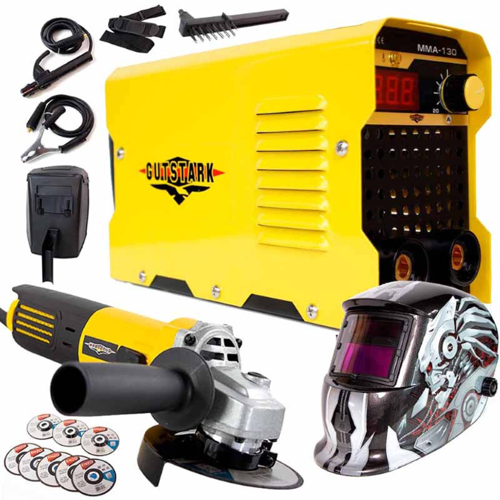 Kit Soldadora Inversora mini 130 Amp Careta Electronica Gris Incluye Esmeril con 7 discos