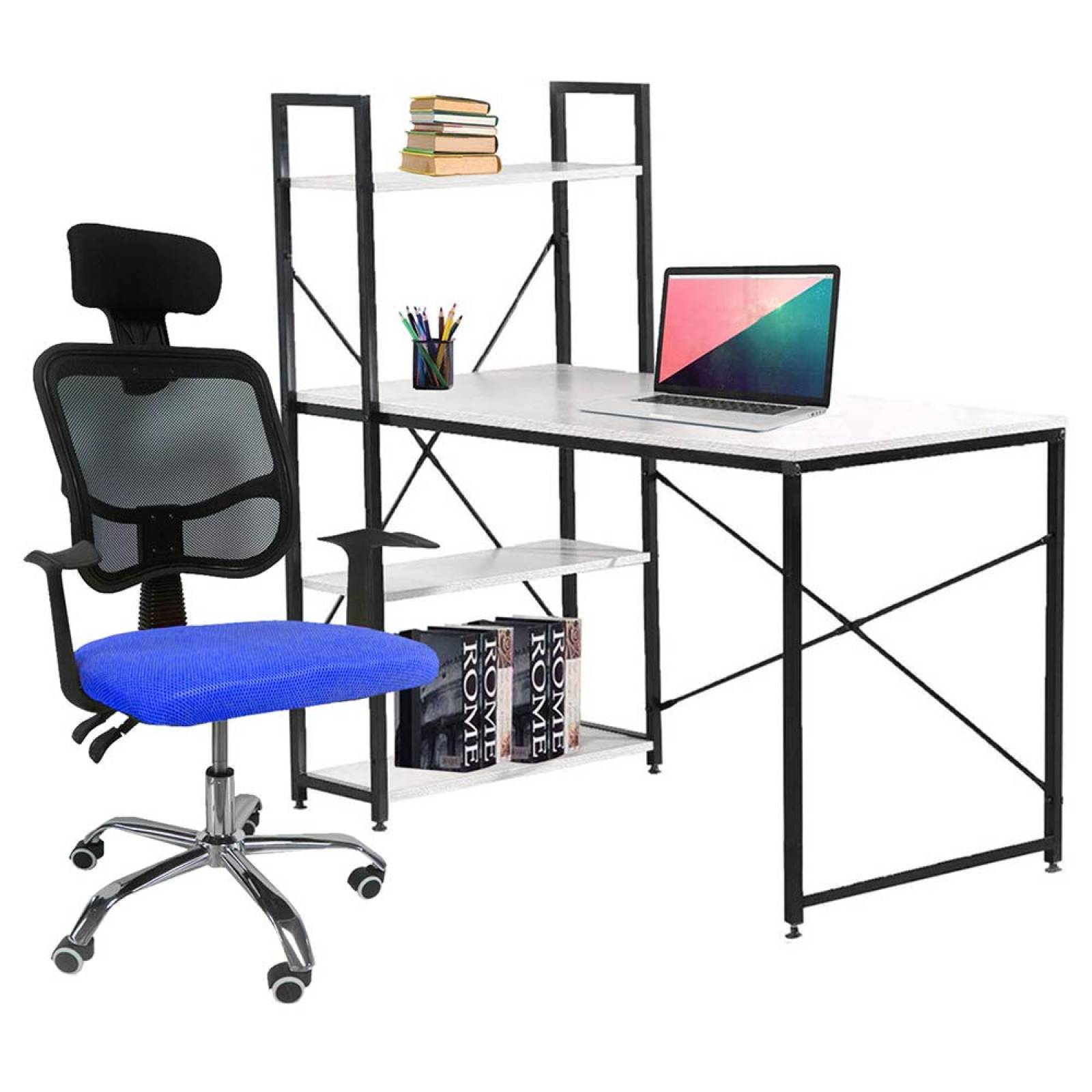 Escritorio Minimalista Kit Silla Oficina Reclinable Cabecera Ajustable Azul