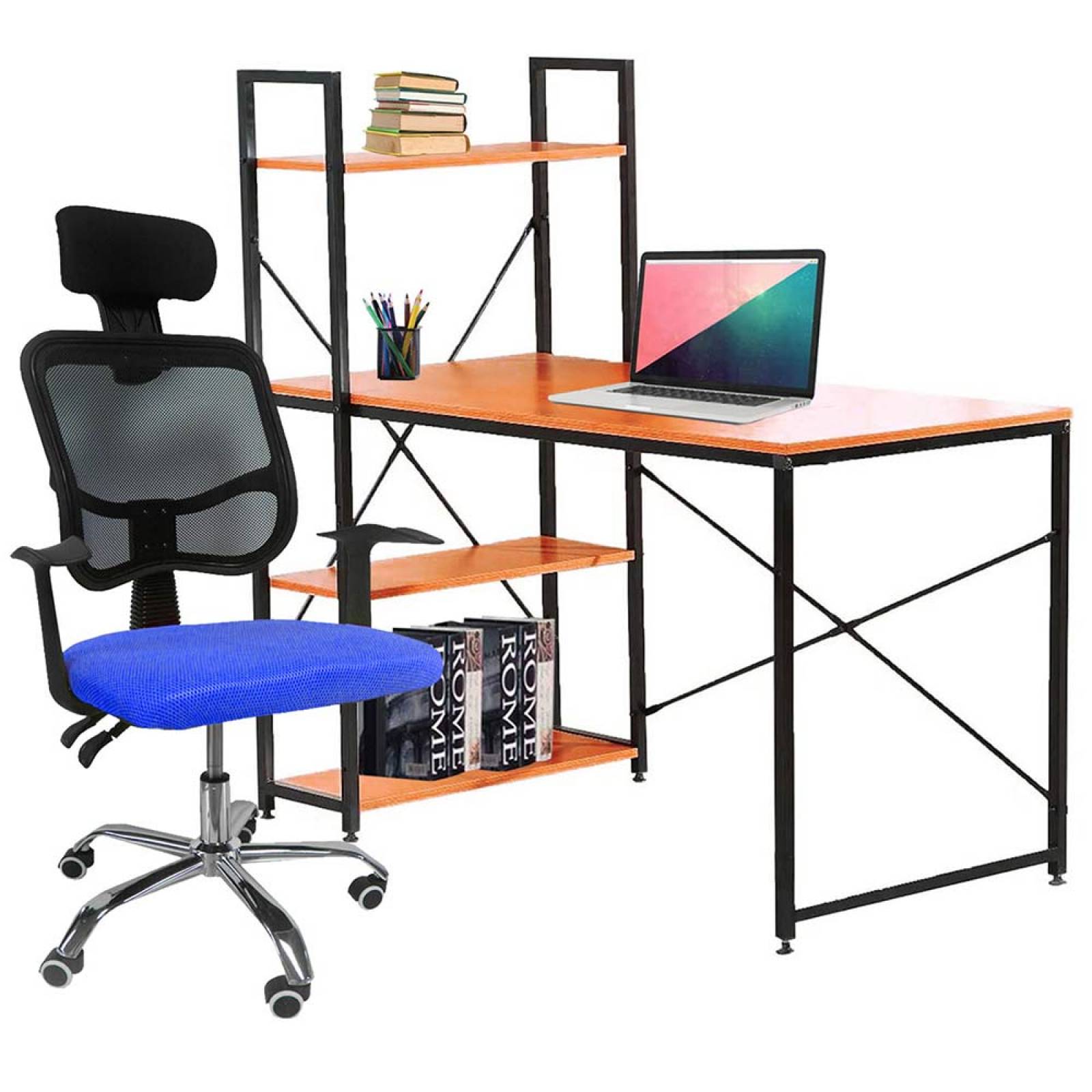 Escritorio Minimalista Kit Silla Oficina Reclinable Cabecera Ajustable Azul