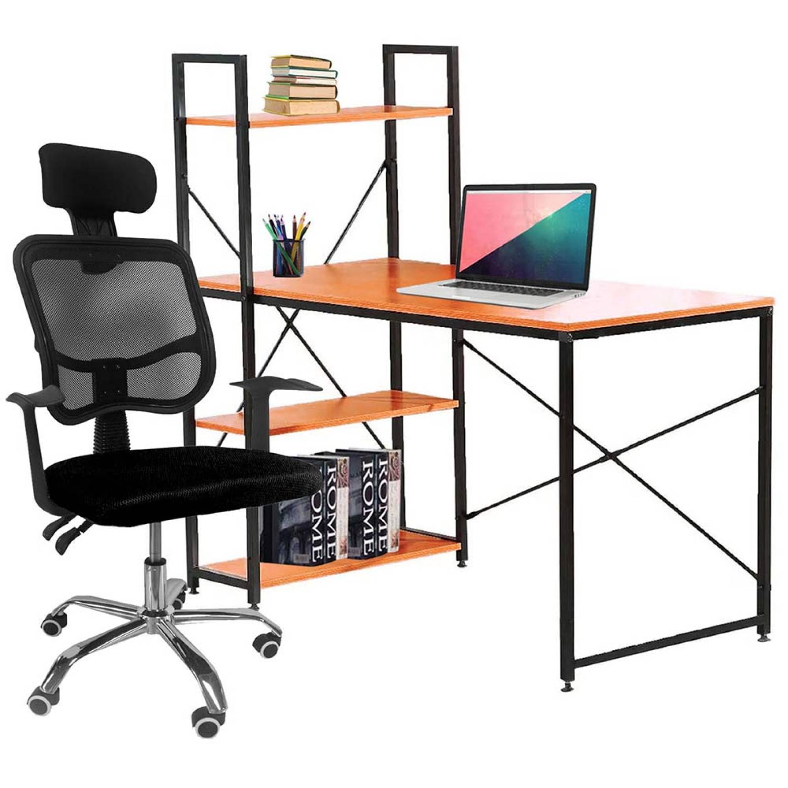 Escritorio Minimalista Kit Silla Oficina Reclinable Cabecera Ajustable  Negro