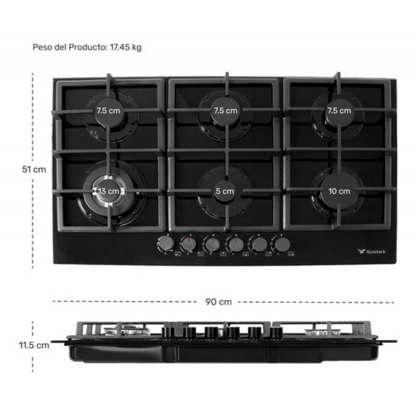 Parrilla Empotrable 6 Quemadores Cristal Templado Acero Inox