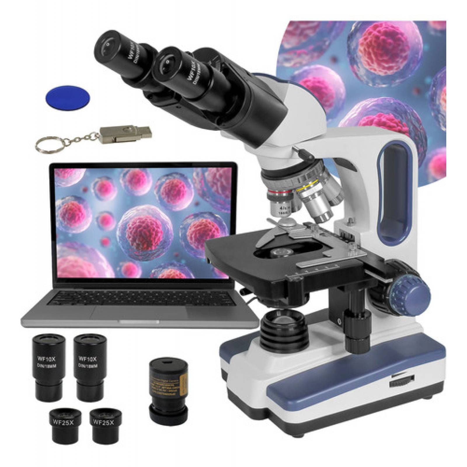 Microscopio Acromatico Binocular Camara 10x-100x Profesional