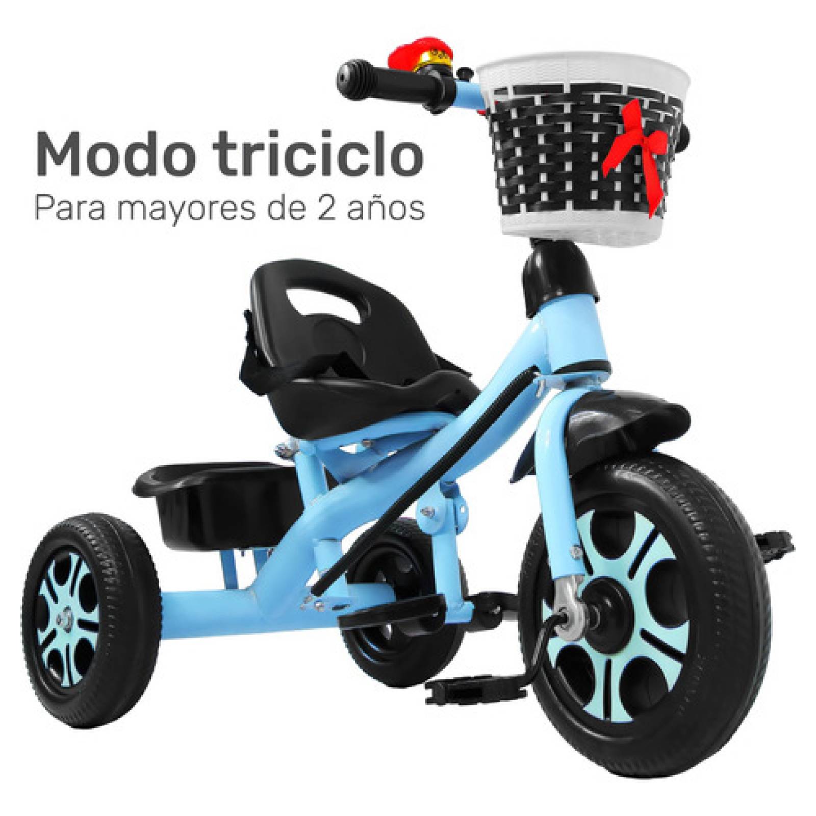 Triciclo Infantil Niños 2 En 1 Barra Empuje Cajuela Canasta Azul