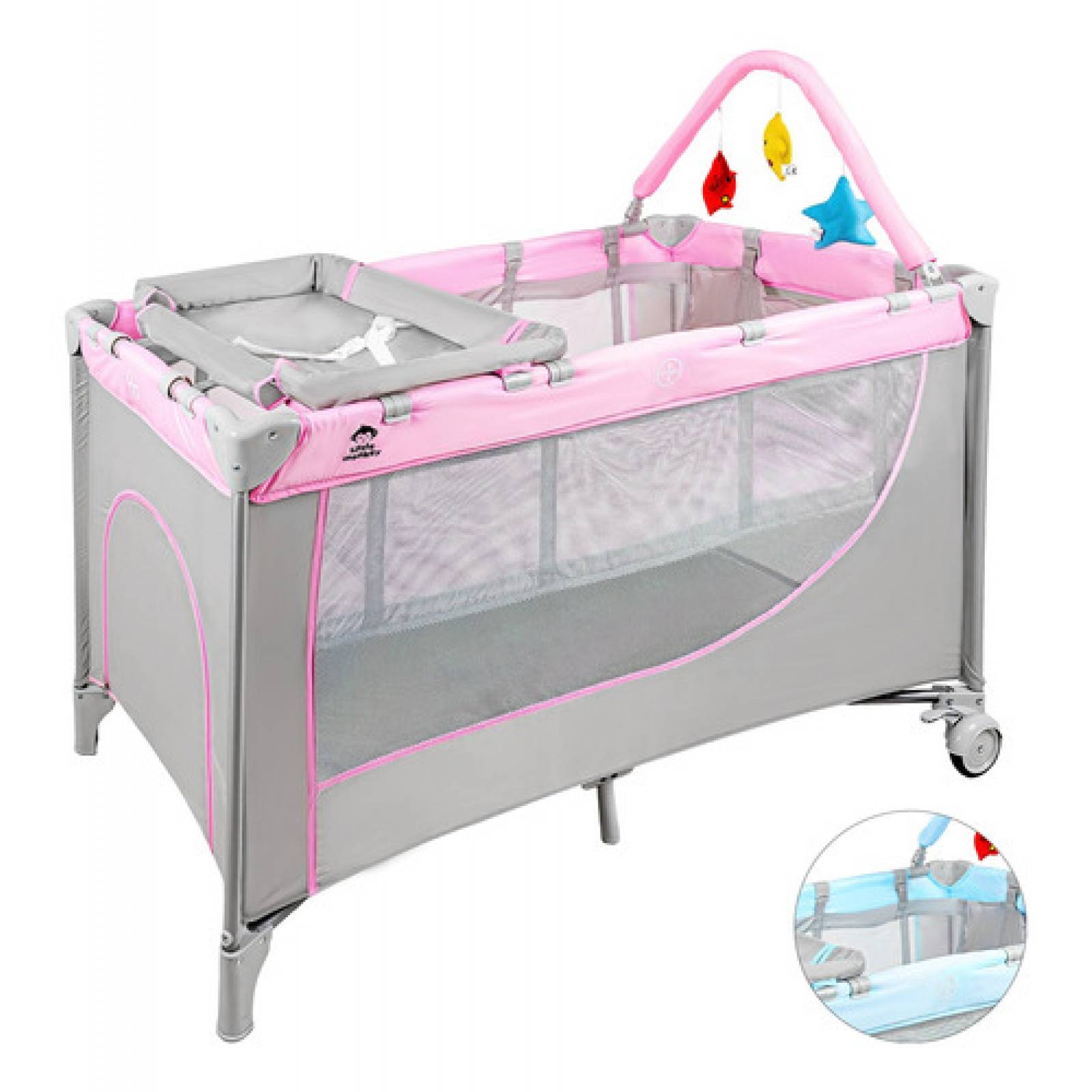Cuna Corral Bebes Cambiador En Con Ruedas Plegable Rosa