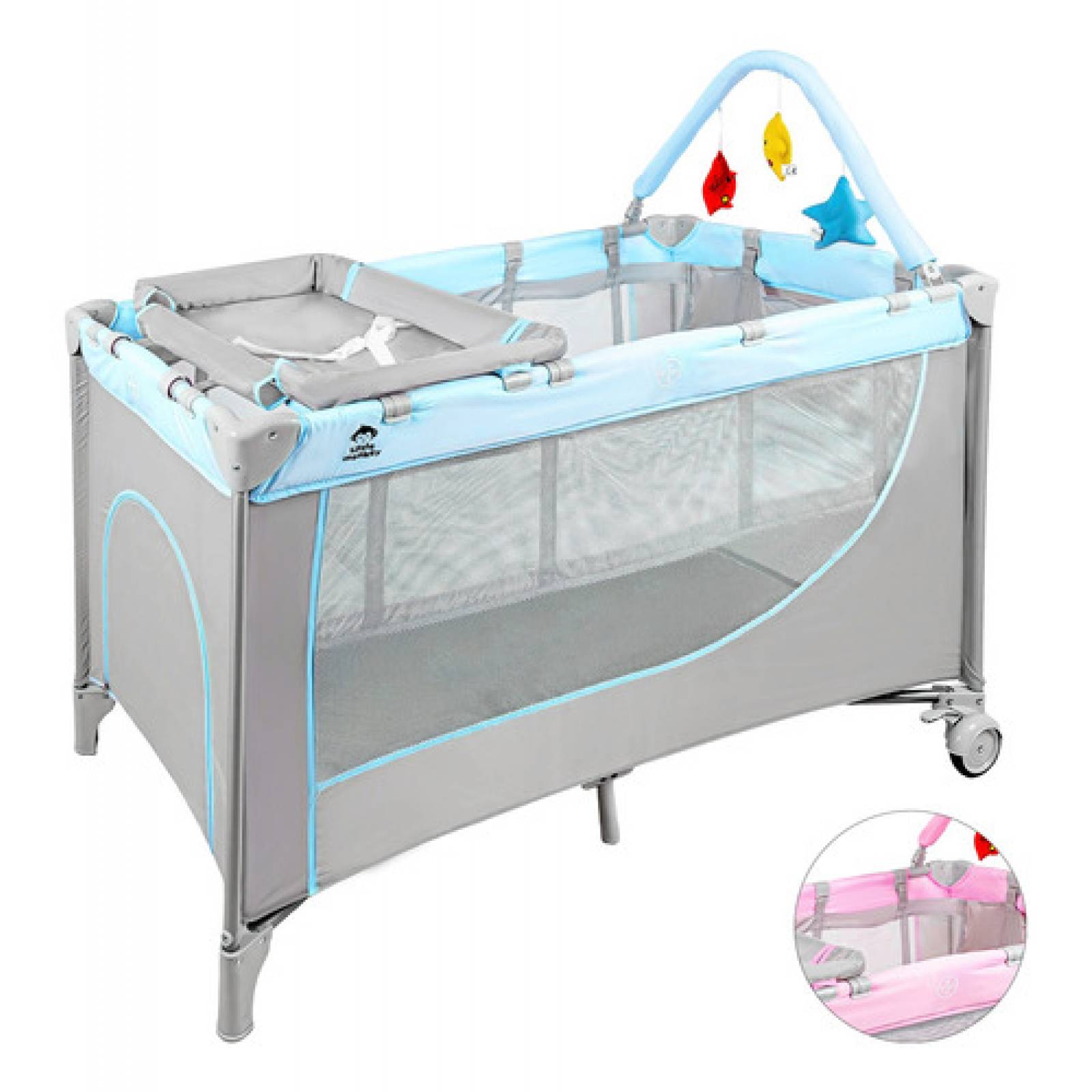 Cuna Corral Bebes Cambiador 4 En 1 Con Ruedas Plegable Azul