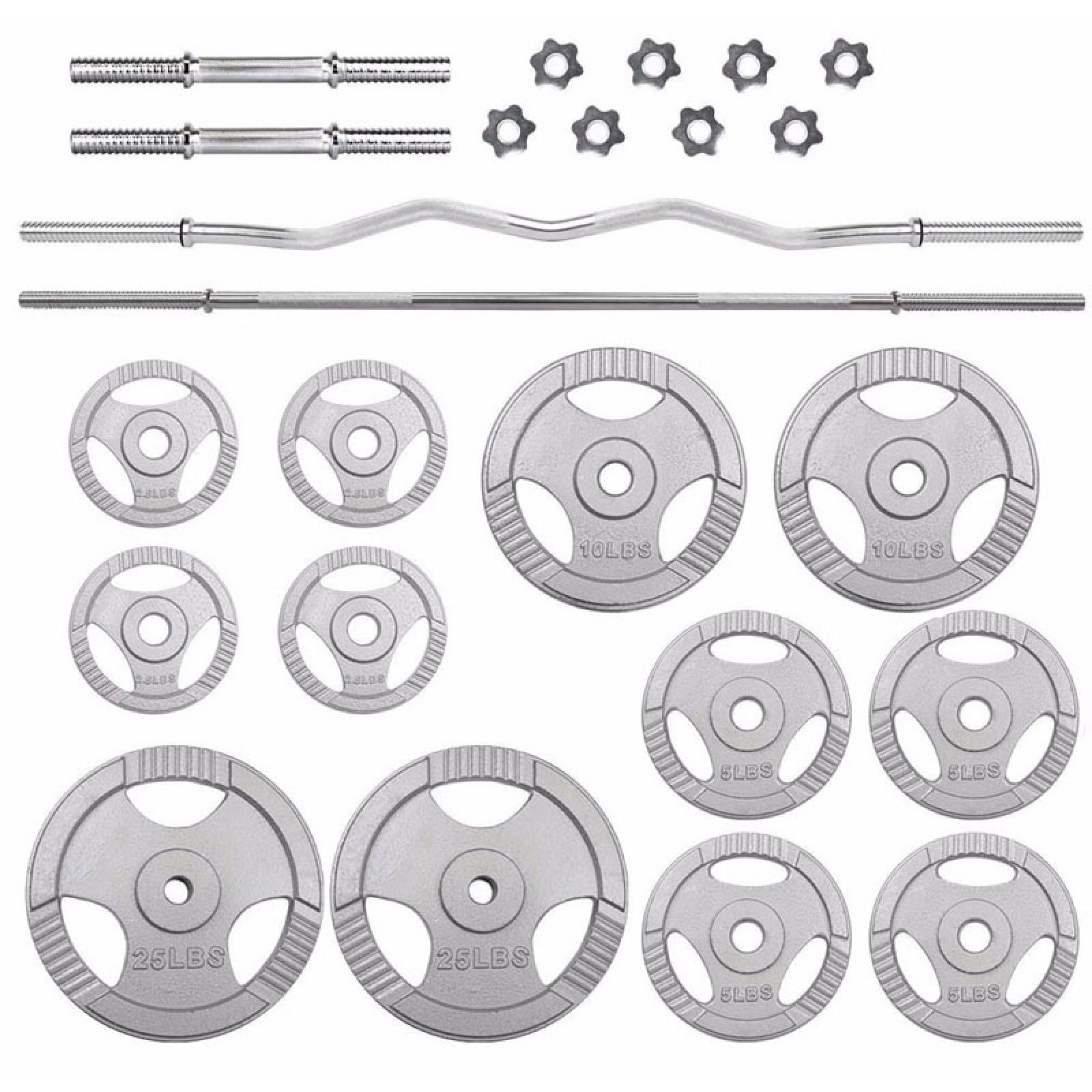 Set Barra Recta Barra Z Par Mancuernas 70 lbs Cromada Discos Pesas Gimnasio