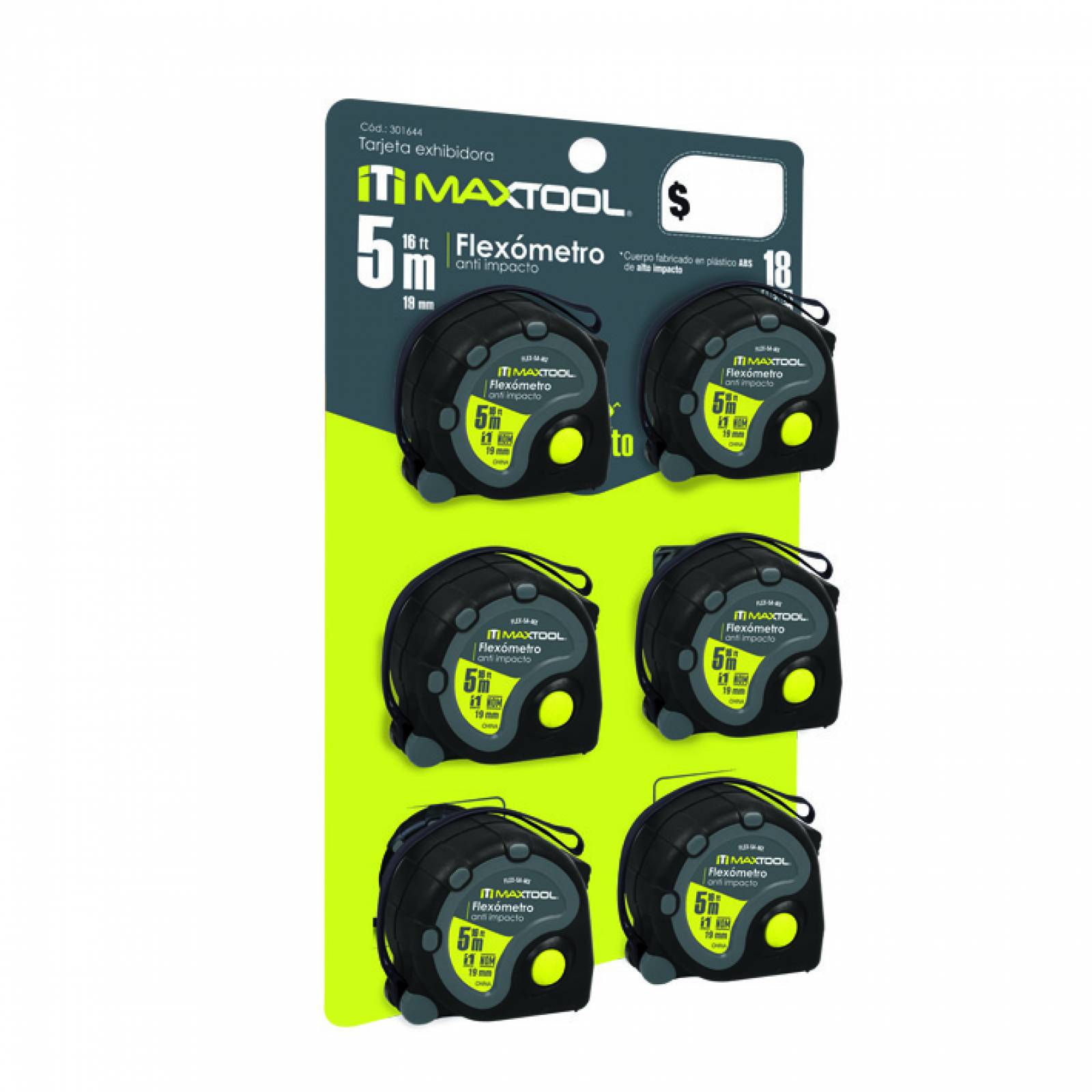 Flexometro Maxtool De 5 Mts Anti Impacto En Tarjeta De 6 Pzs