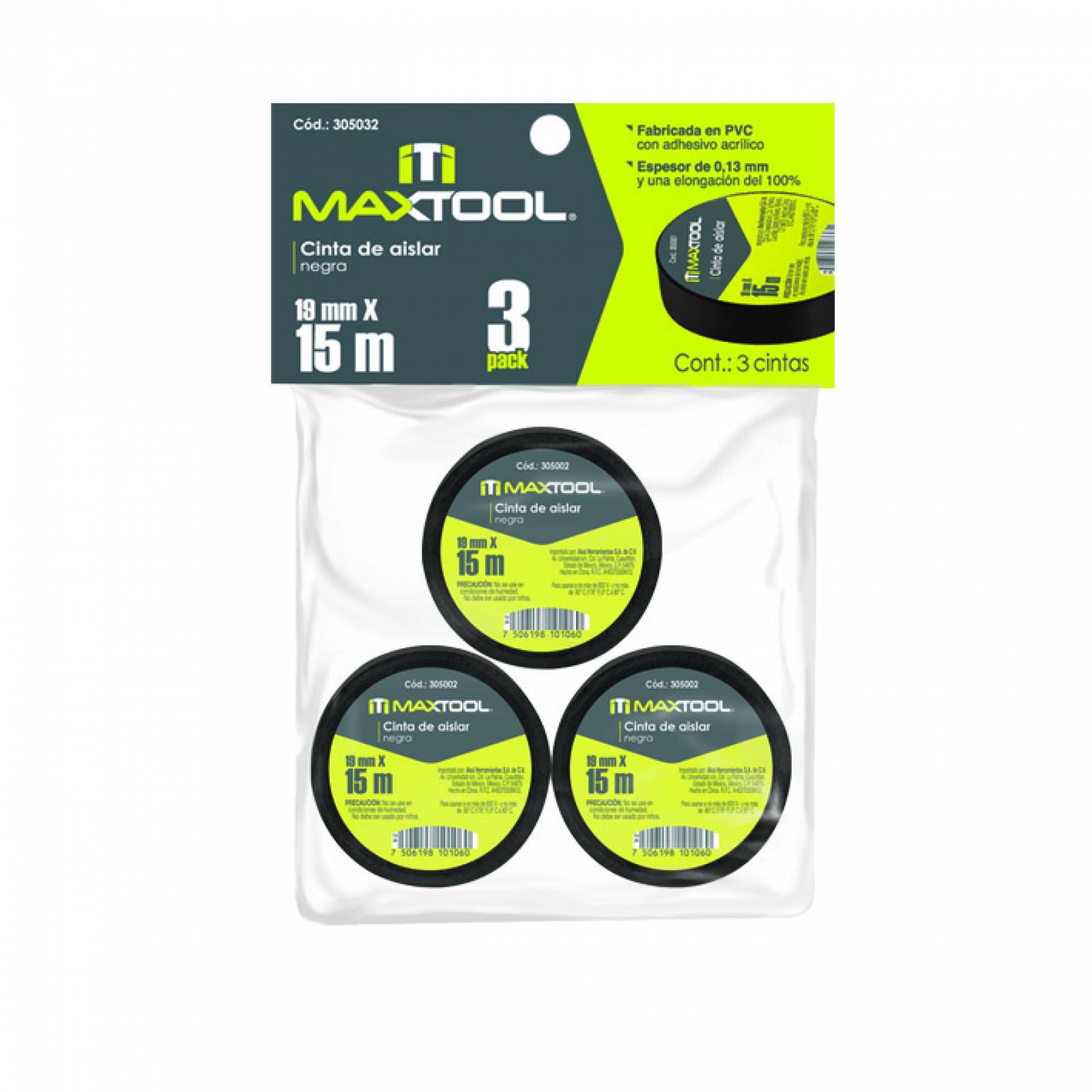 Cinta Maxtool De Aislar 19mm X 15 Mt 3pack -(20 Piezas)