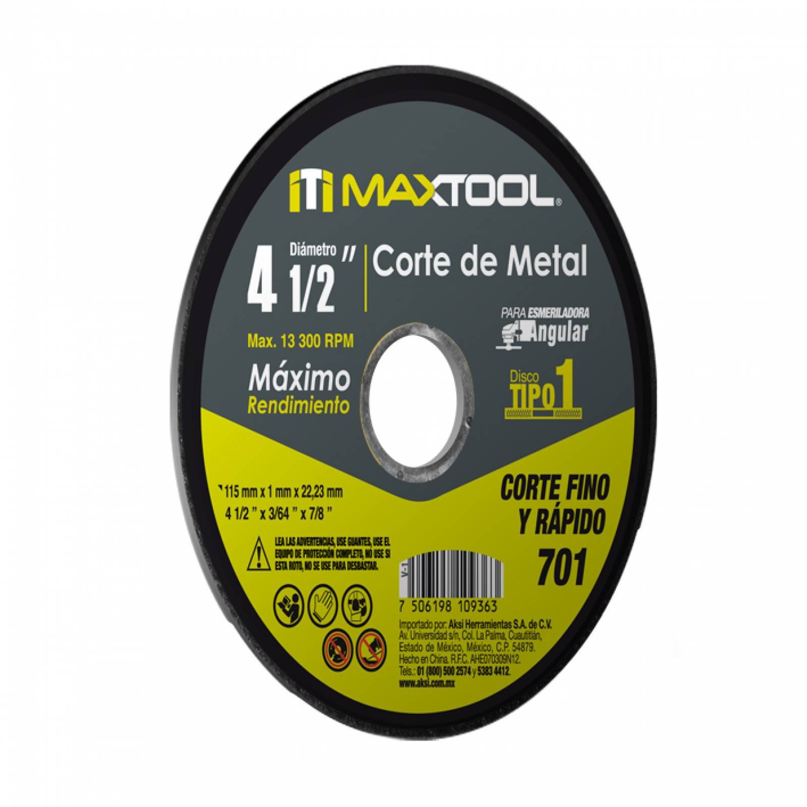 Disco Maxtool Corte De Metal 4 1/2" X 1mm, Tipo 1 Maxtool-(25 Piezas)