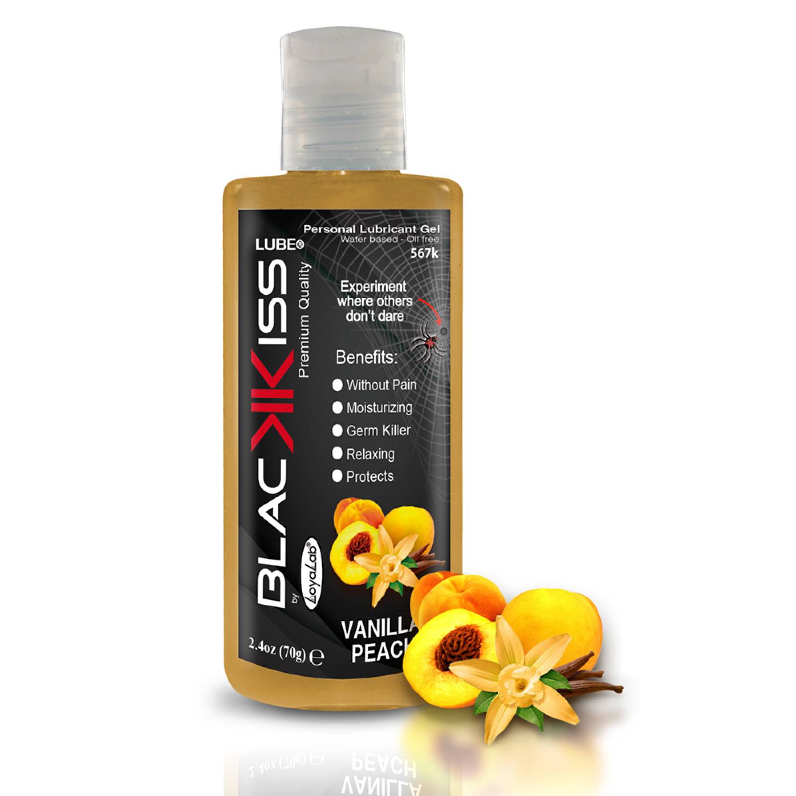 Gel Lubricante Anal Base Agua, Black Kiss Lube de Vainilla Durazno 70 g, Mod: 567k