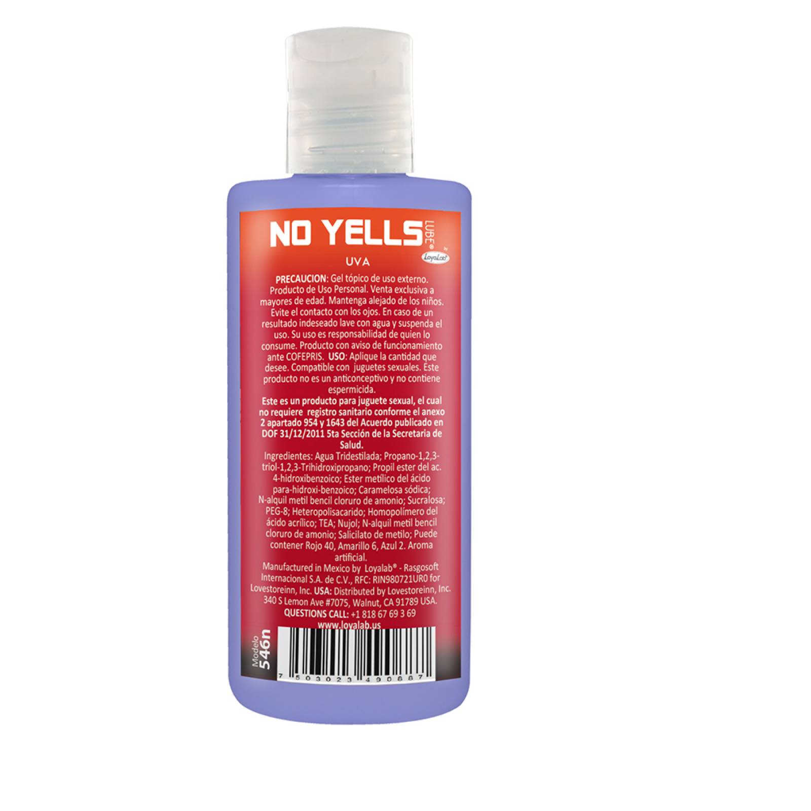 Gel Lubricante Desensibilizador Base Agua, No Yells Lube de Uva 70 g, Mod: 546n