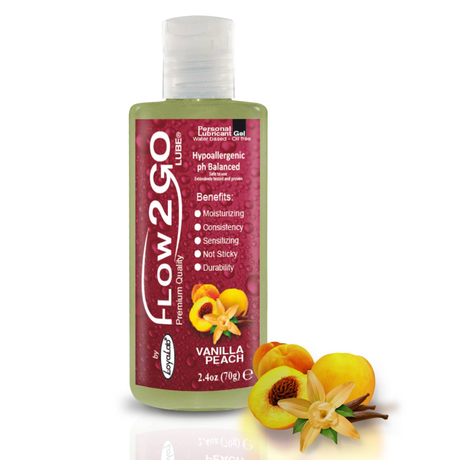 Gel Lubricante Intimo Premium Base Agua, Flow2GO Lube de Vainilla Durazno 70 g, Mod: 567s