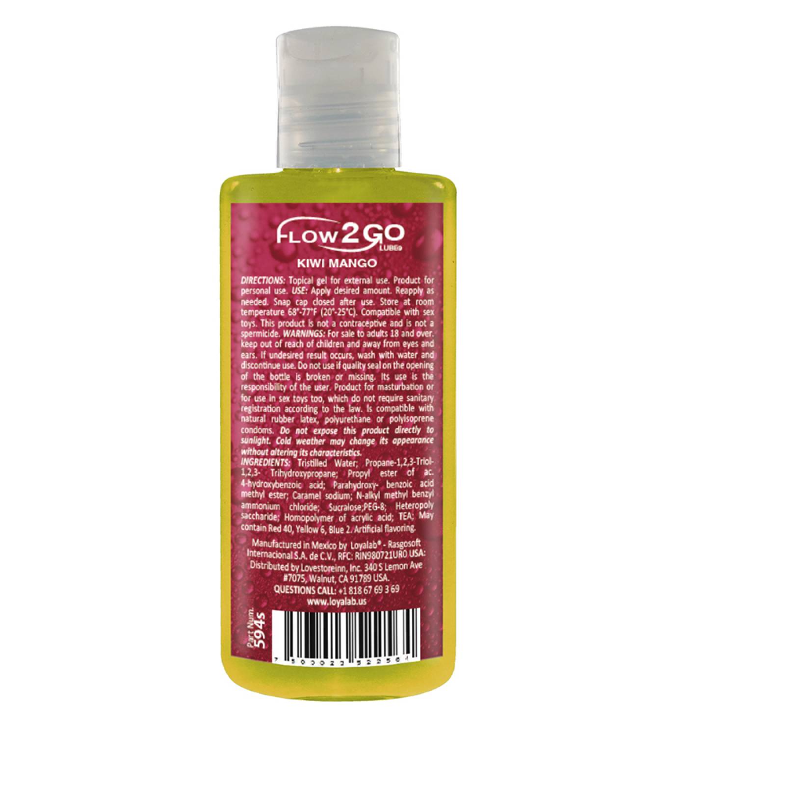 Gel Lubricante Intimo Premium Base Agua, Flow2GO Lube de Kiwi Mango 70 g, Mod: 594s