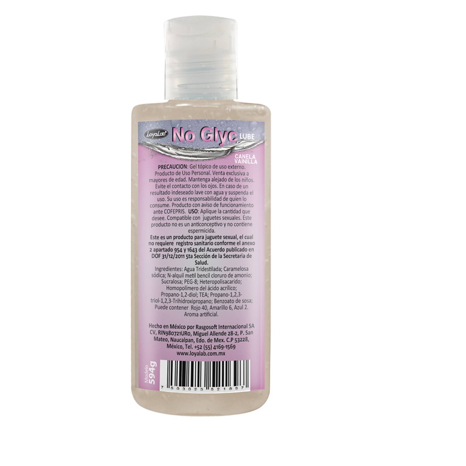 Gel Lubricante Intimo sin Gliserina Base Agua, NoGlyc Lube de Canela Vainilla 70 g, Mod: 591g