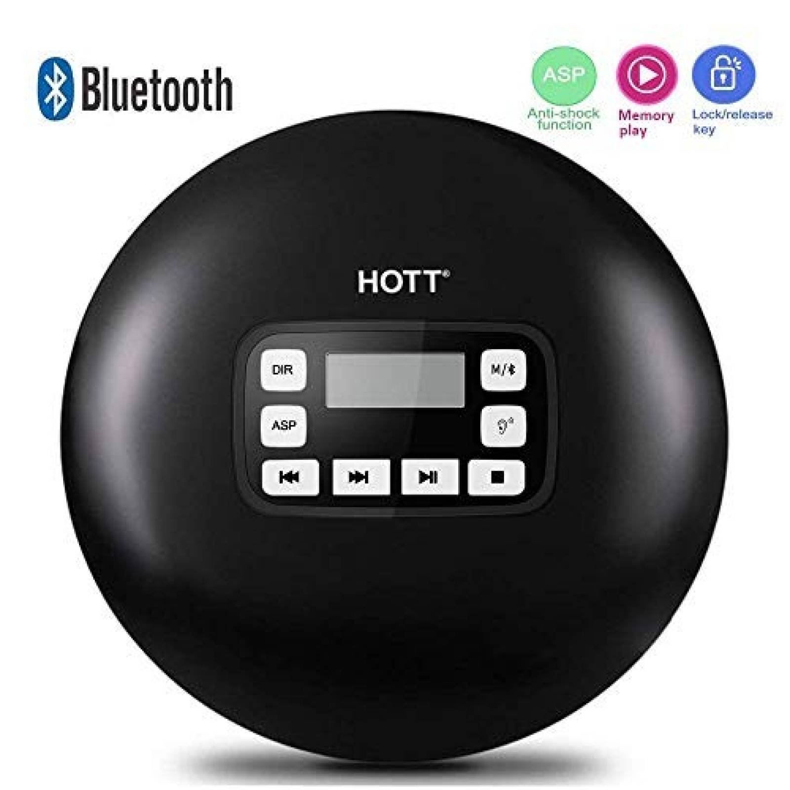 Reproductor CD portátil HOTT Bluetooth Pantalla LCD -negro