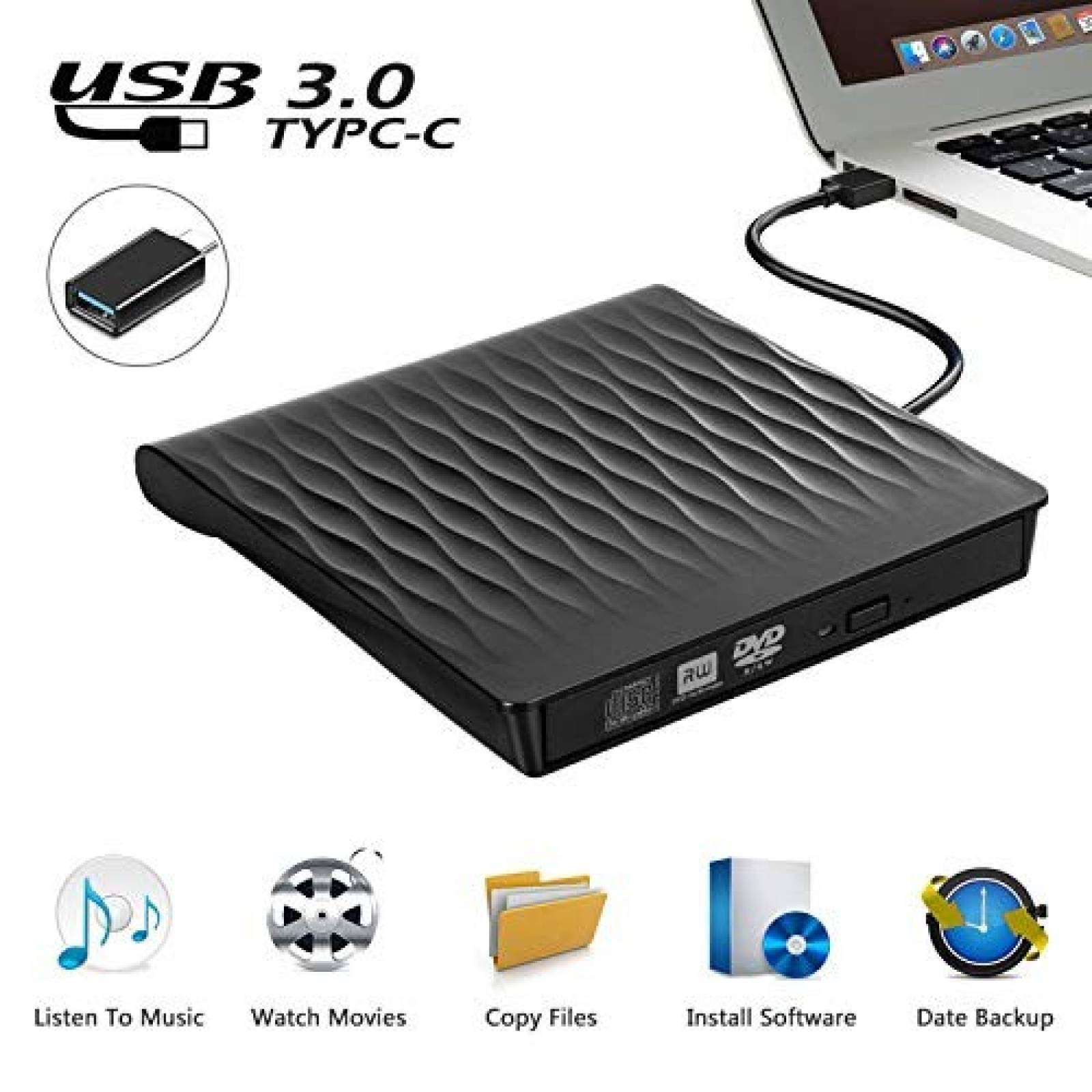 Unidad CD DVD externa DIGDAN USB 3.0 portátil -negro