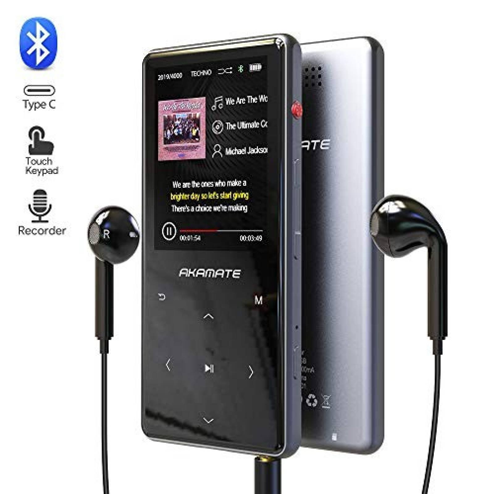 Reproductor MP3 AKAMATE 16GB 2.4'' Bluetooth 4.2 -Negro