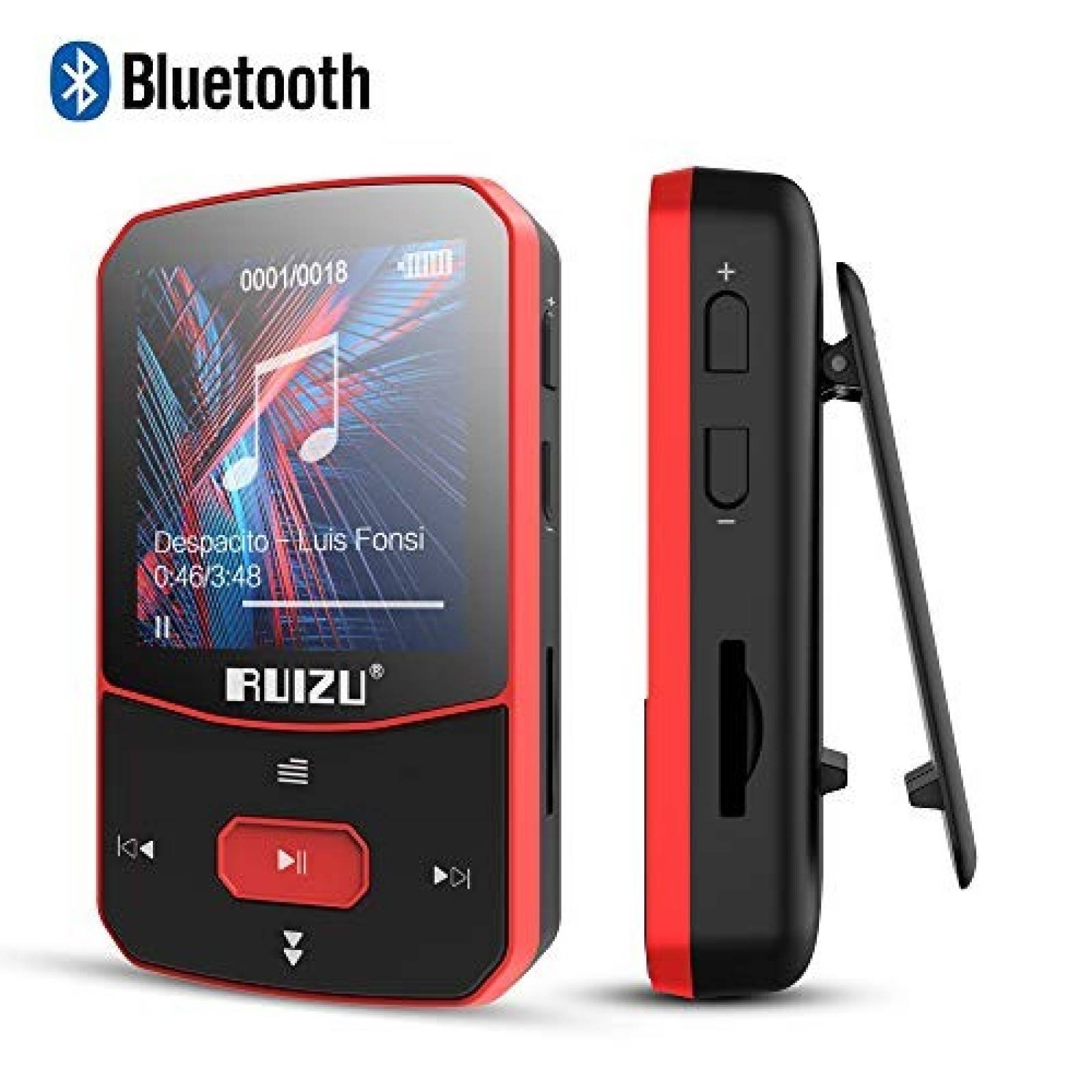 Reproductor MP3 RUIZU Clip Bluetooth 4.1 16GB Radio FM - Rojo