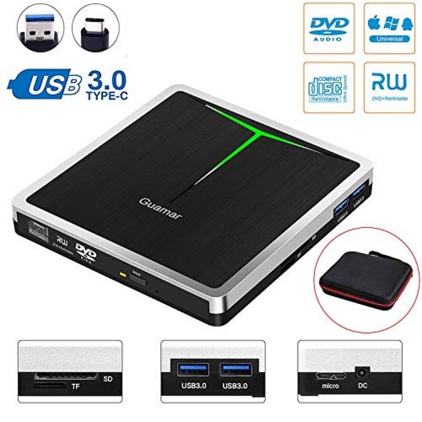 Unidad CD y DVD Externo Guamar 5 en 1 USB 3.0 y USB C -Negro