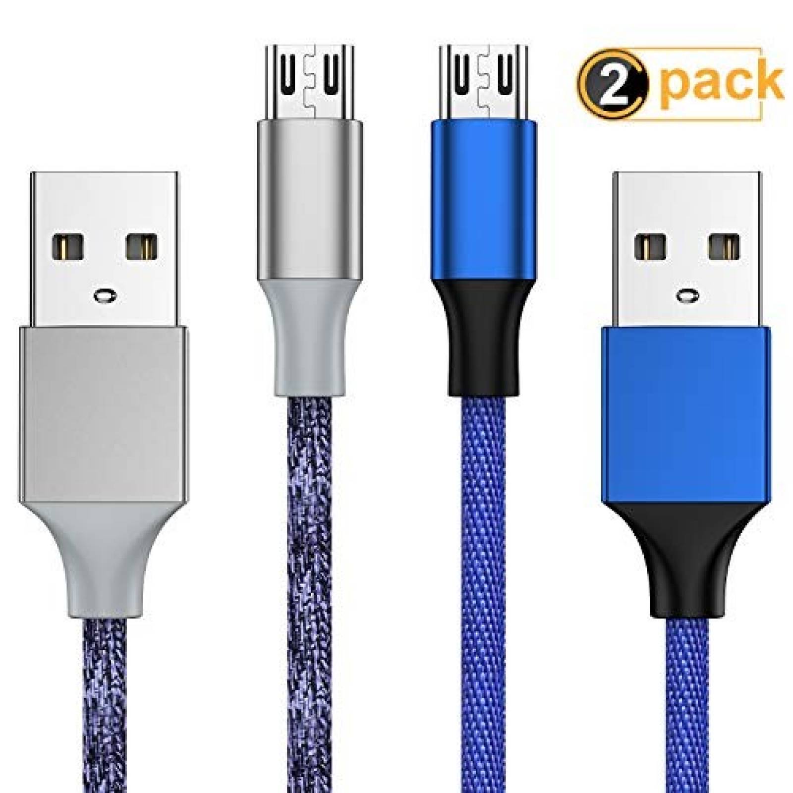 Cargador Oritikur Micro USB 2.0 20ft 2 Pack -Gris/Azul