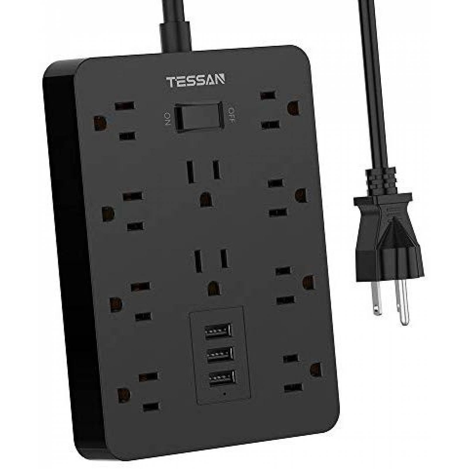 Cable de Extensión TESSAN 3 USB 10 Enchufes On/Off -Negro