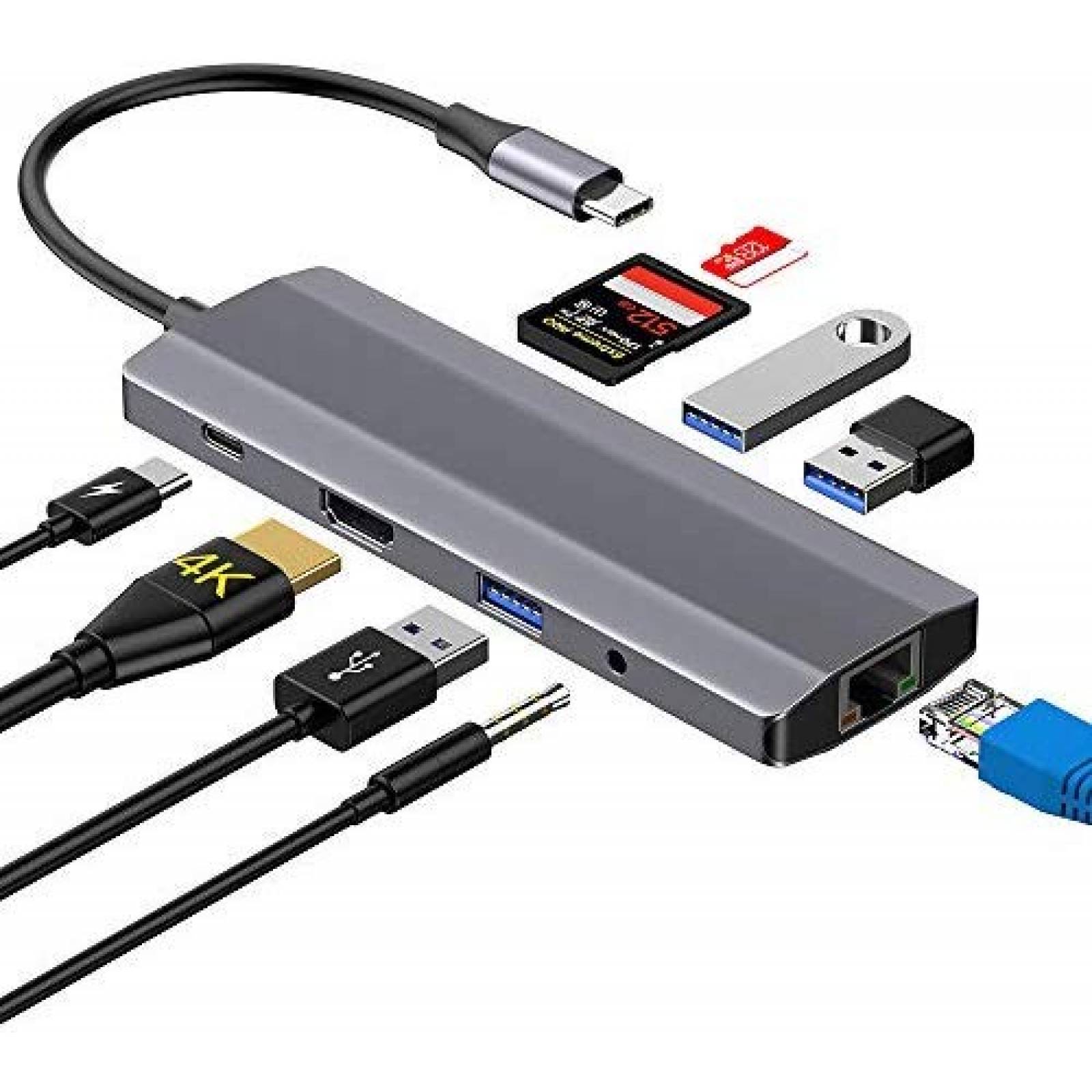 Adaptador zedela Hub USB C 9 en 1 para Laptop -Plateado