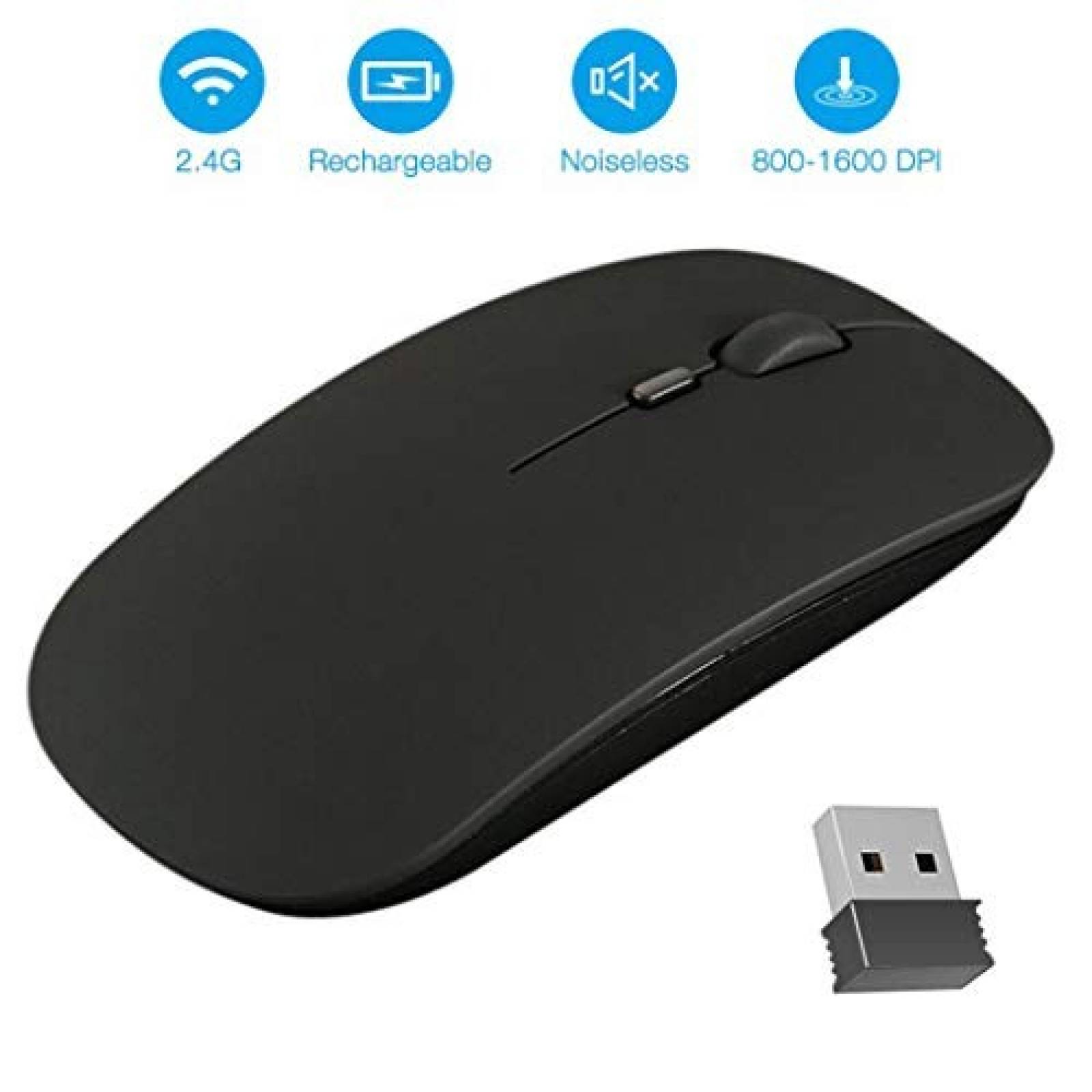 Laptop Raton Ratón inalámbrico CALOCAA 2.4G recargable para laptop -Negro