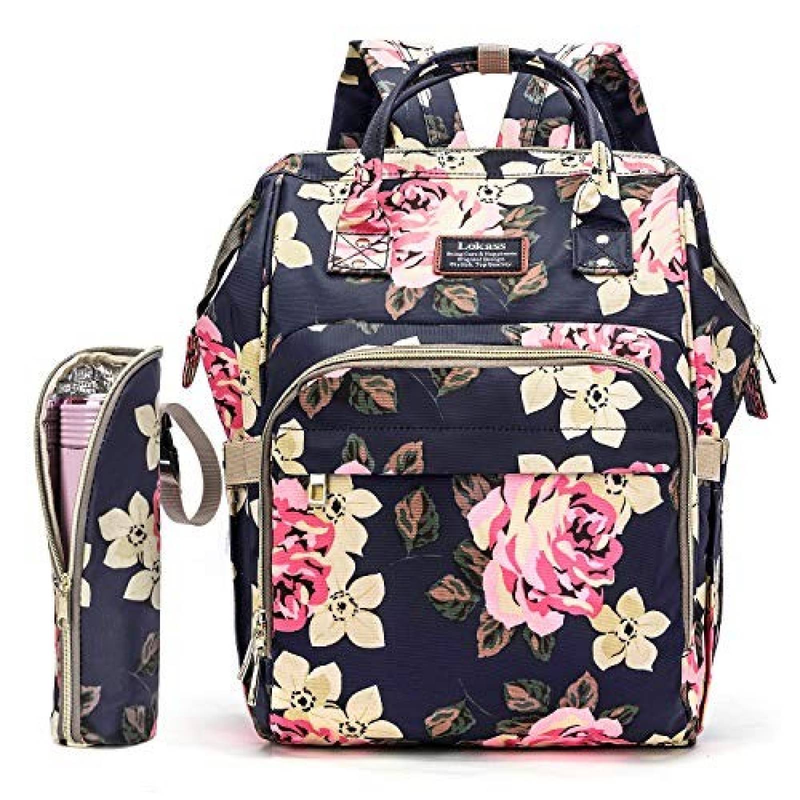 Mochila pañalera Srotek peony + bolsa para botella -negro