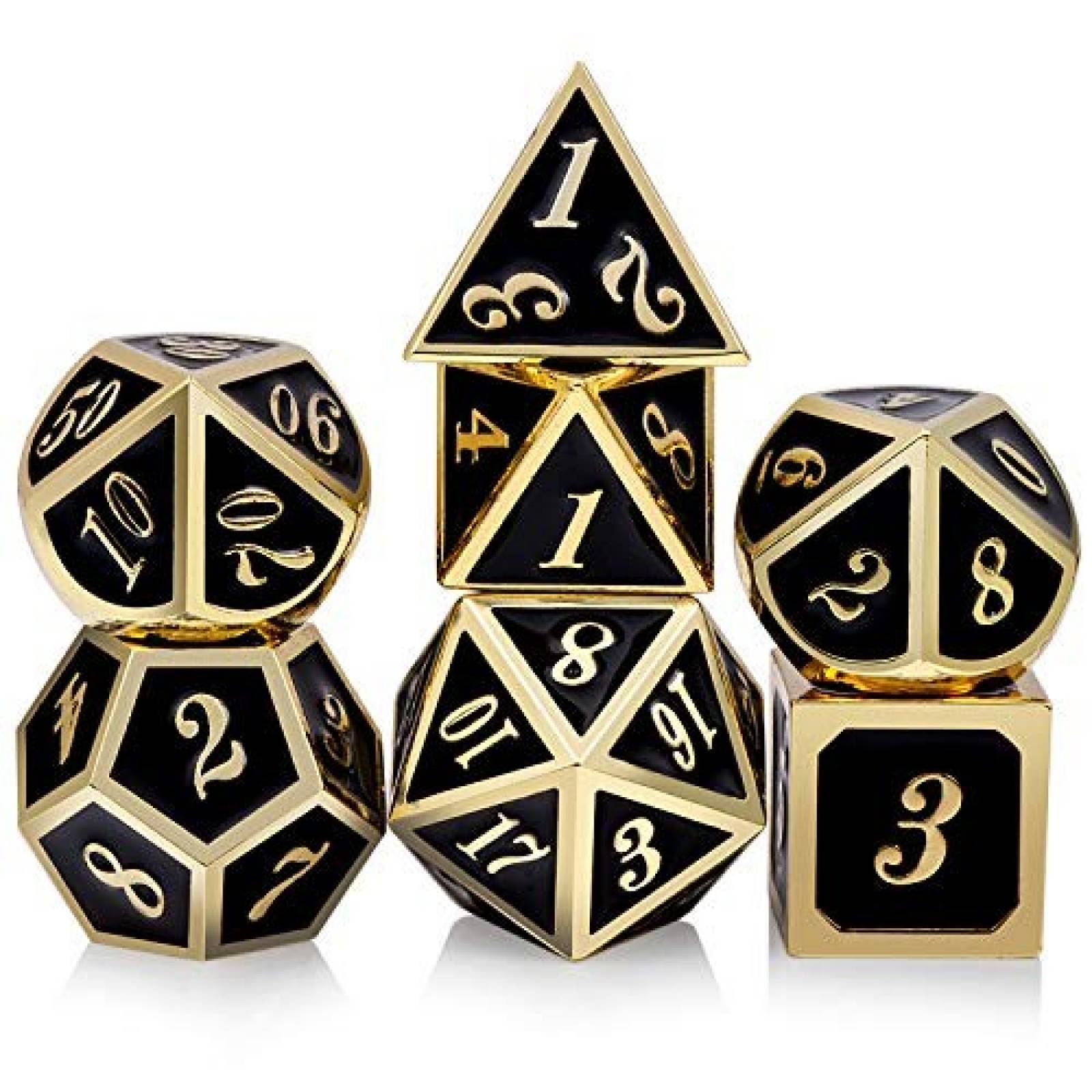 Truewon Metal Dice Set Of 7 - Black-Faced Green Numbers, Zinc Alloy RPG Dice For D&D, Pathfinder With Storage Case