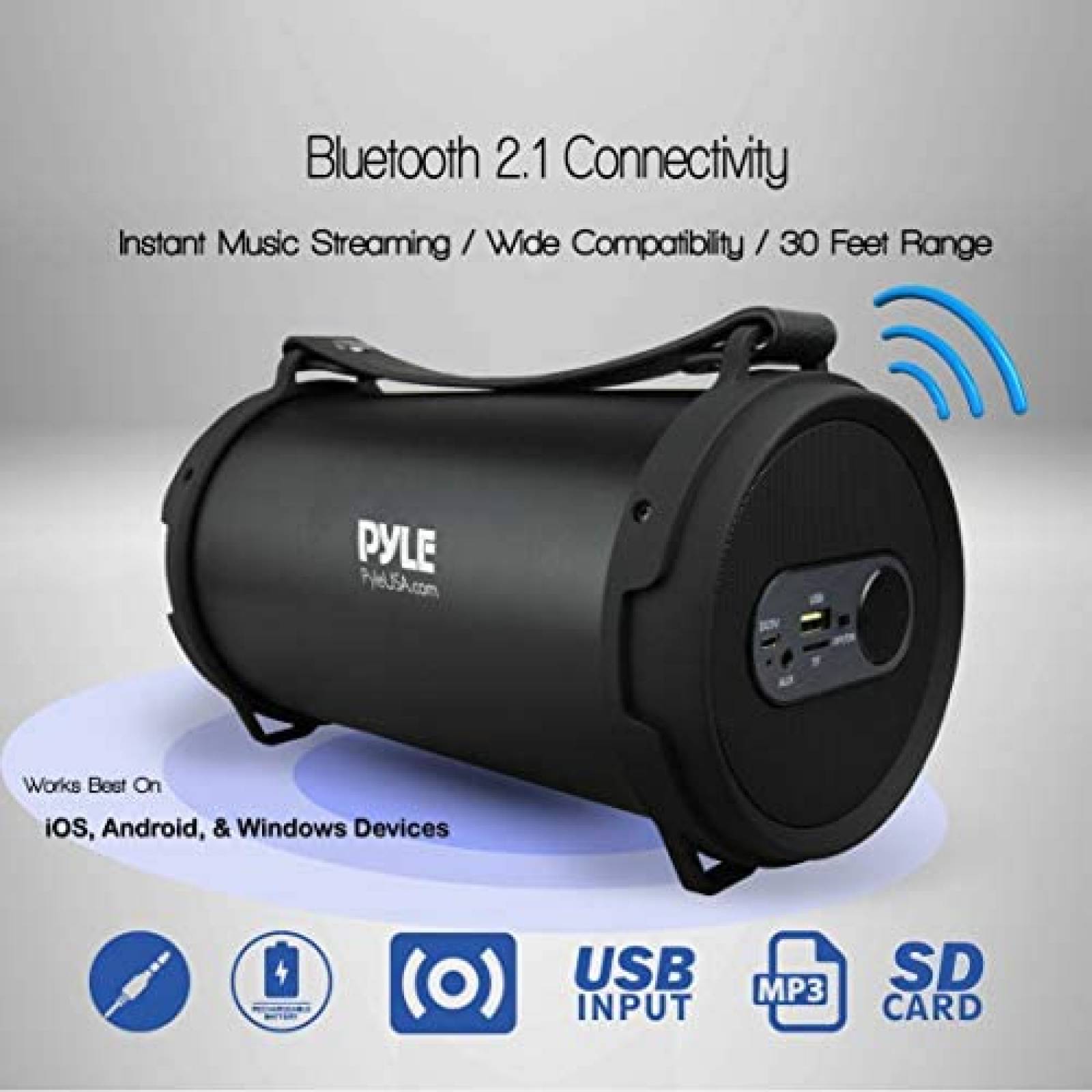 Bocina Portatil Pyle Boombox USB/SD/FM Recargable -Negro
